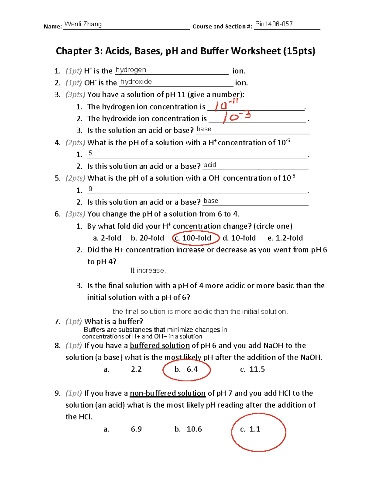 Chapter 3: Acids, Bases, pH & Buffer Worksheet (15pts) - Spring - Studocu