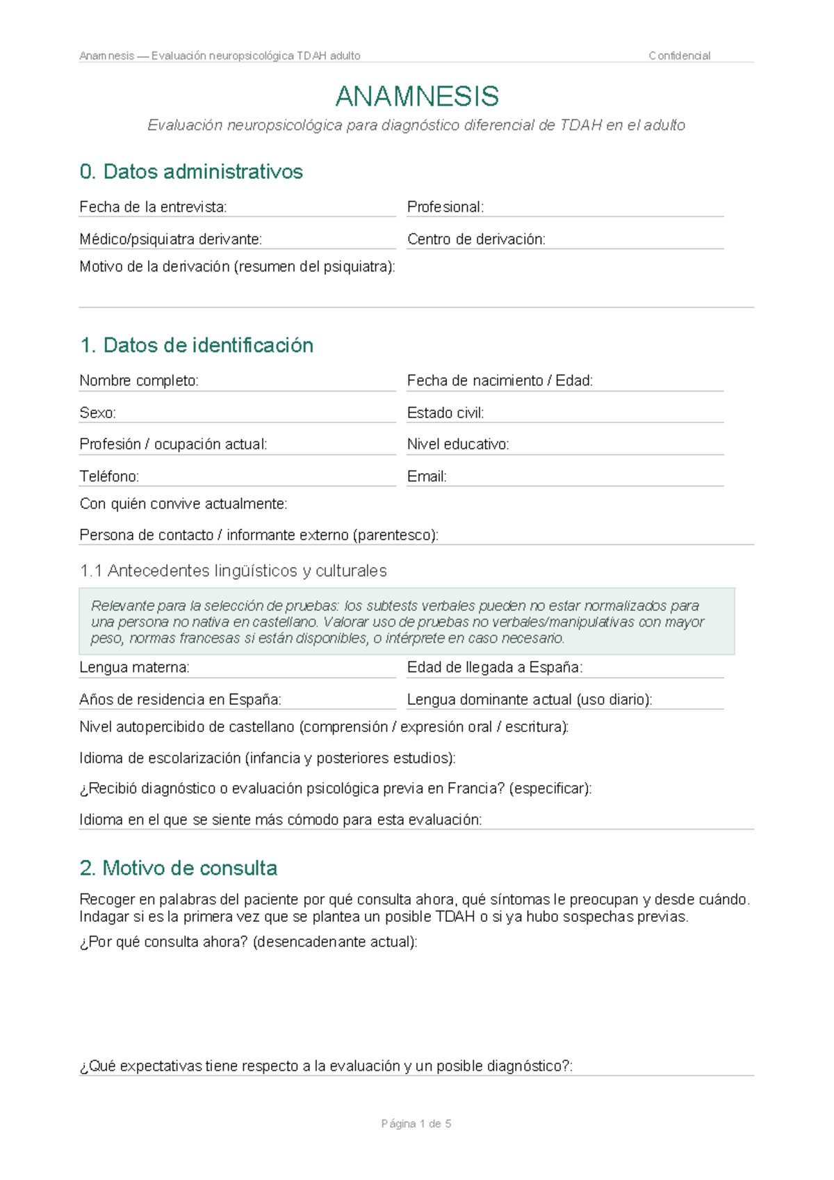 Anamnesis Evaluación Neuropsicológica TDAH Adulto - Confidencial - Document Preview
