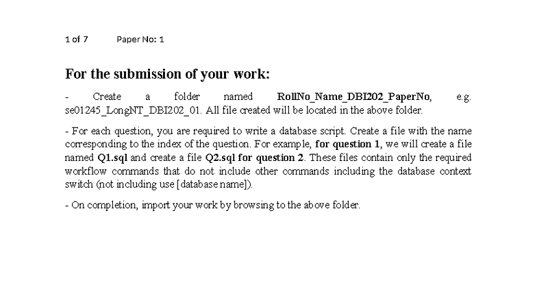 DBI202 Paper 1: SQL Scripts for Database Creation & Queries - Studocu