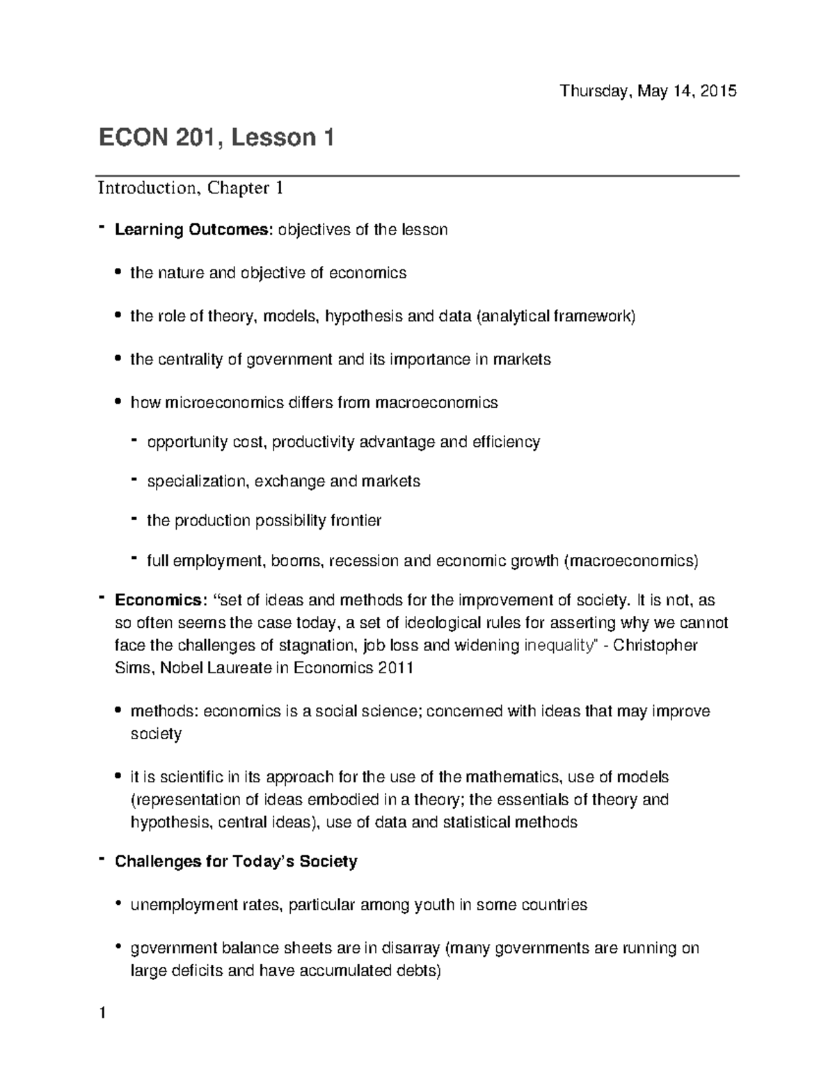 ECON 201 - Microeconomics Lecture Notes - Lesson 1 Overview - Studocu