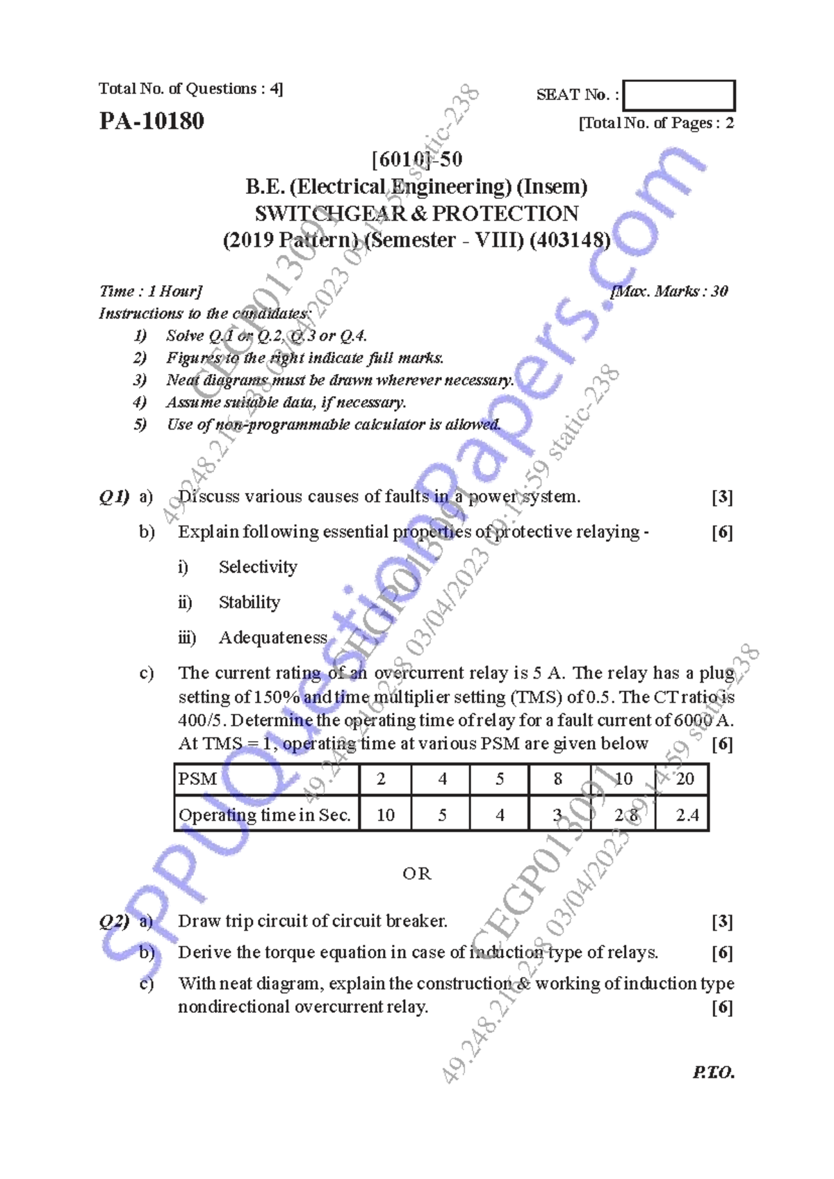 B.E. (Electrical Engineering) Sem 8: Switchgear & Protection (2019 ...