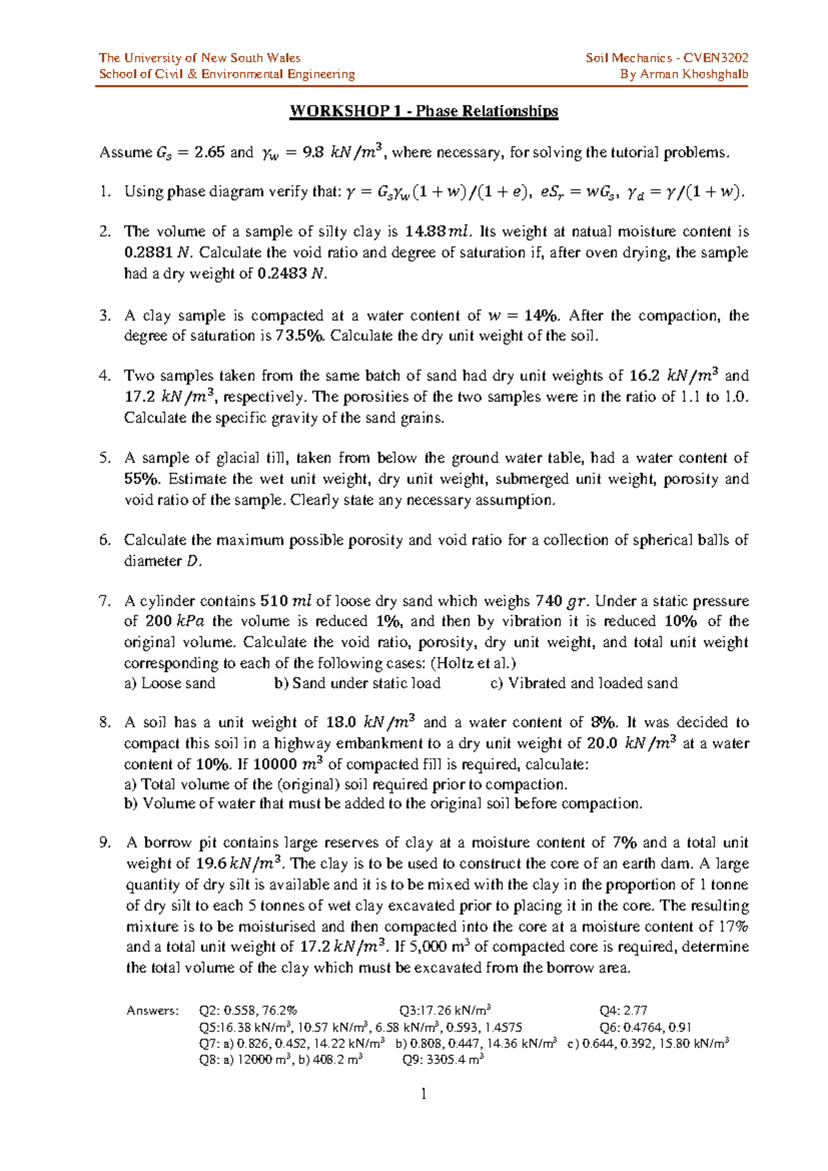 CVEN 3202 Tutorial 1: Phase Relationships in Soil Mechanics - Studocu
