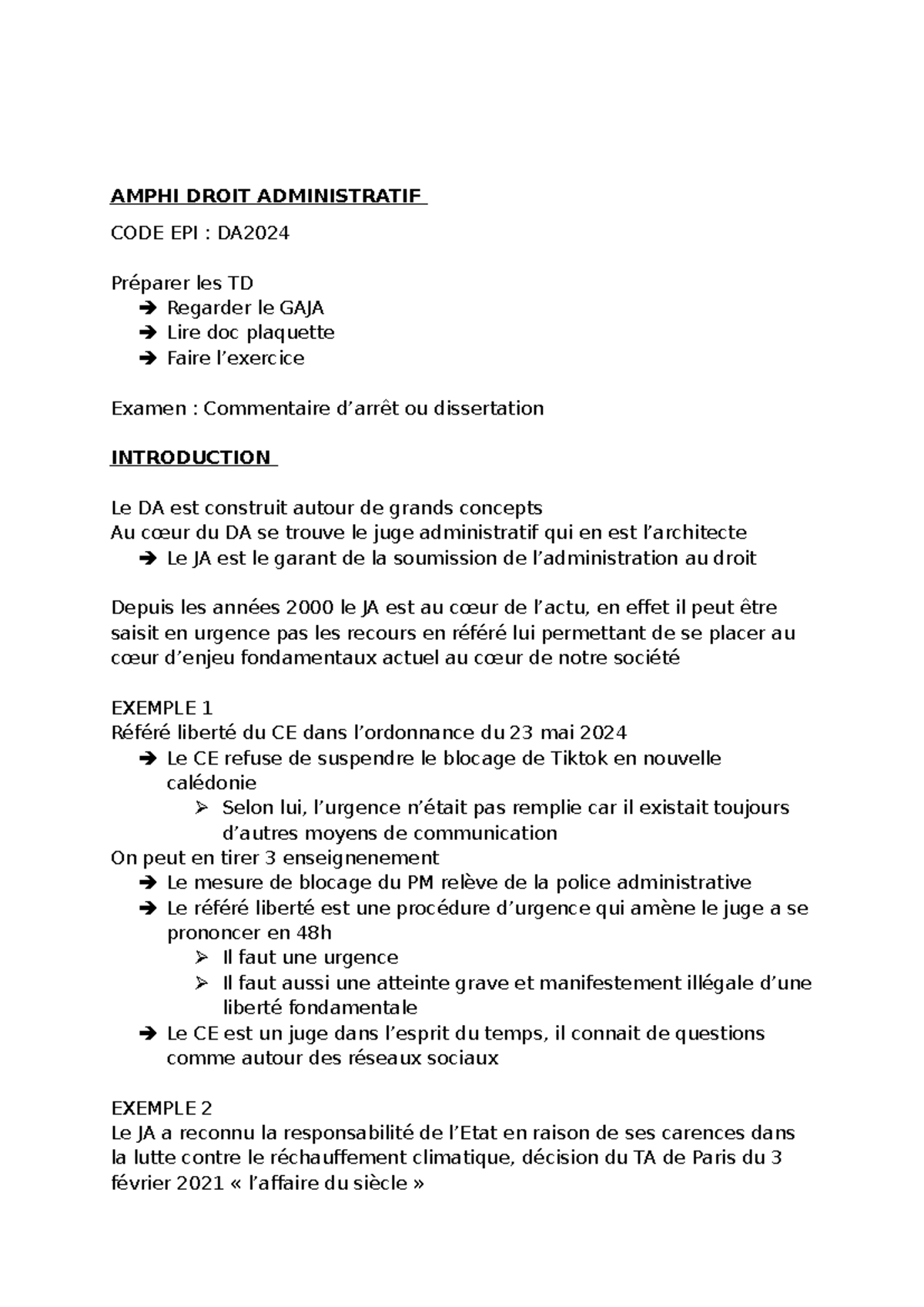 Amphi Droit Administratif DA2024 : Notes de Cours et Examen - Studocu