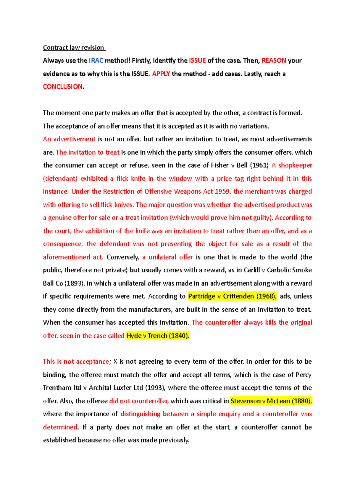 Contract Law Notes: Offer Acceptance & Key Cases (LAW101) - Studocu