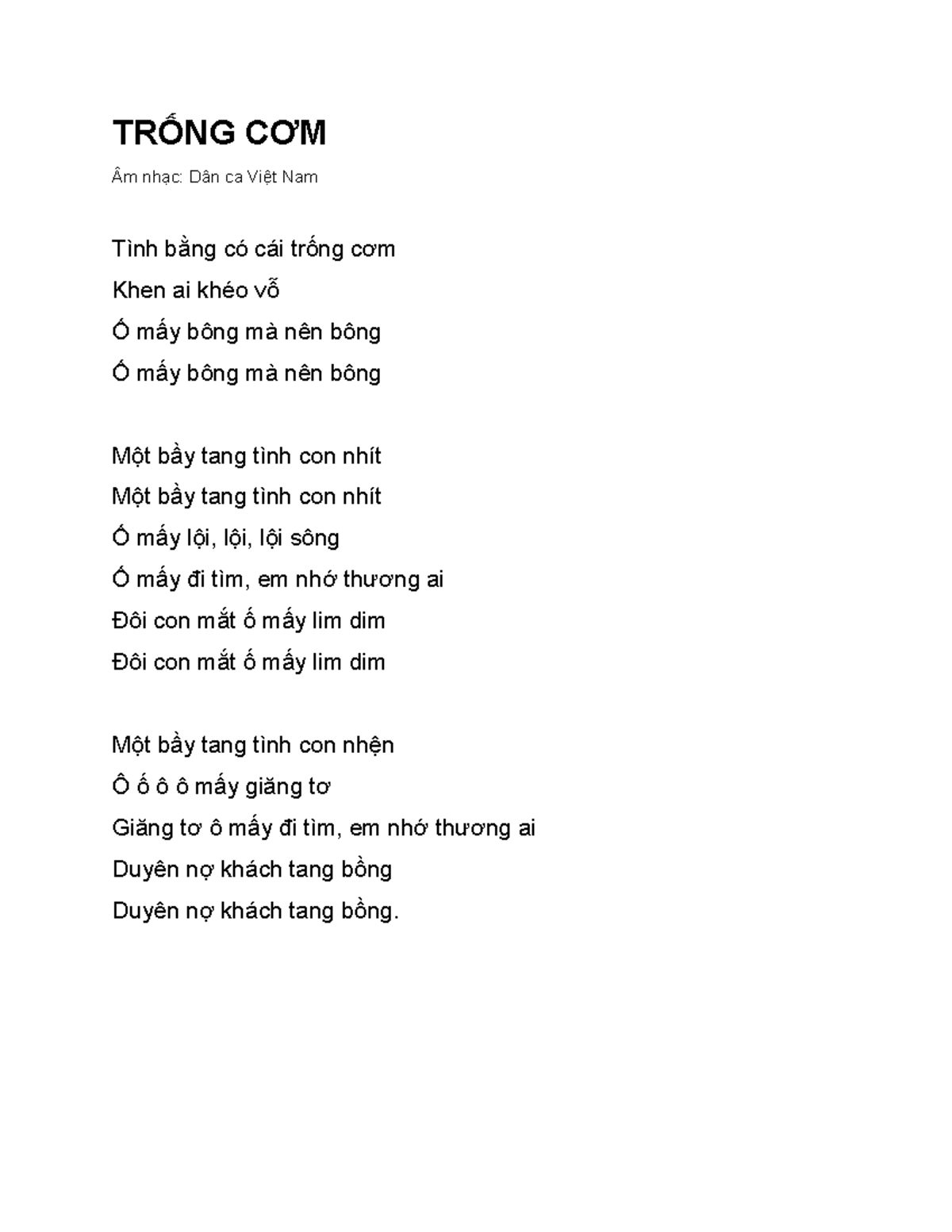 TR101: Trống Cơm - Lời Nhạc Dân Ca Việt Nam - Studocu