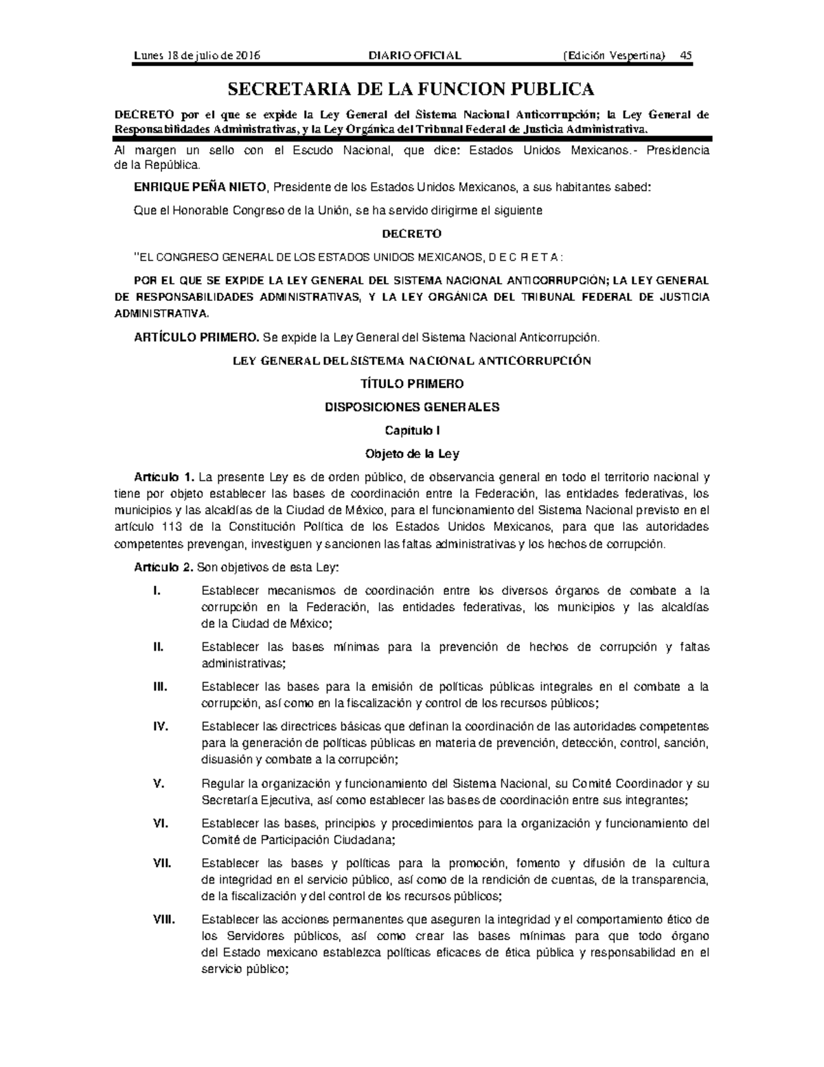 Ley General del Sistema Nacional Anticorrupción - Diario Oficial 18 ...