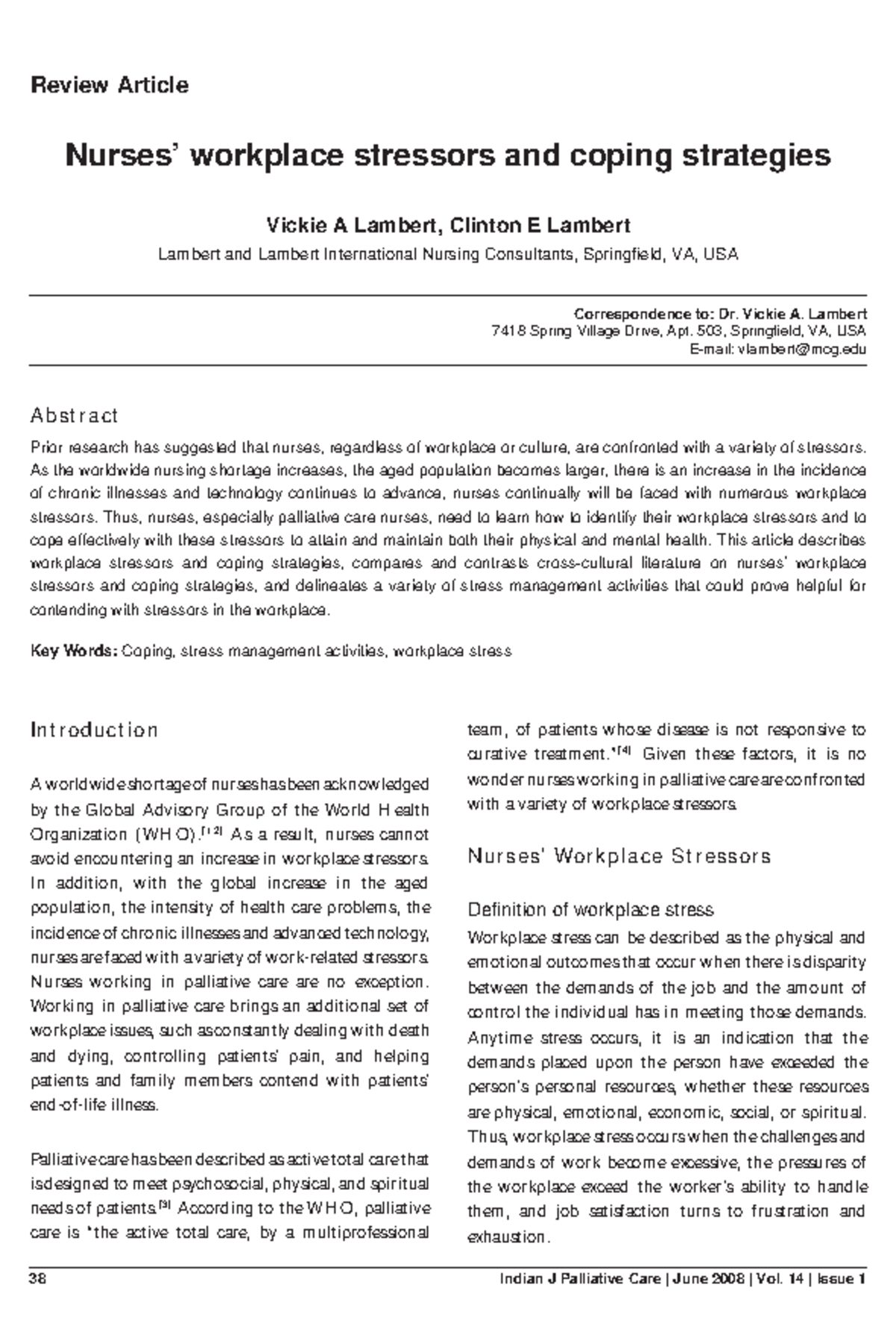NUR 301: Review of Workplace Stressors and Coping Strategies for Nurses ...