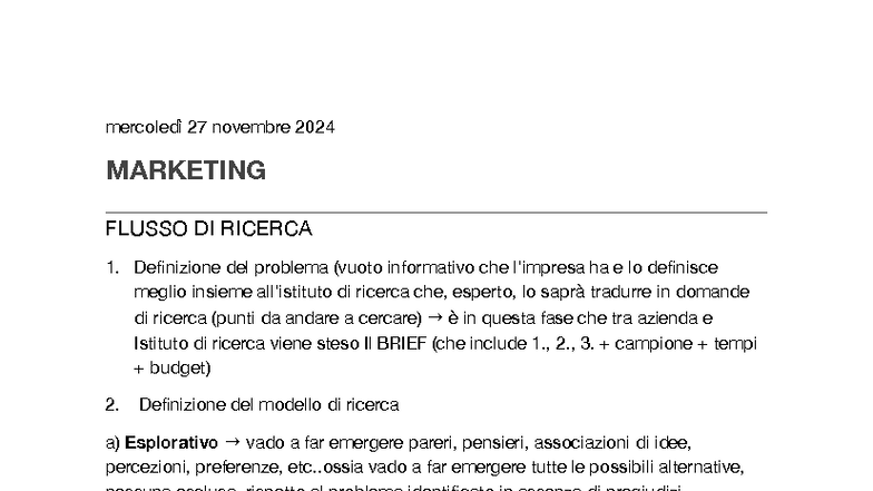 Marketing FLUSSO DI RICERCA - Appunti del 27 Novembre 2024 - Studocu