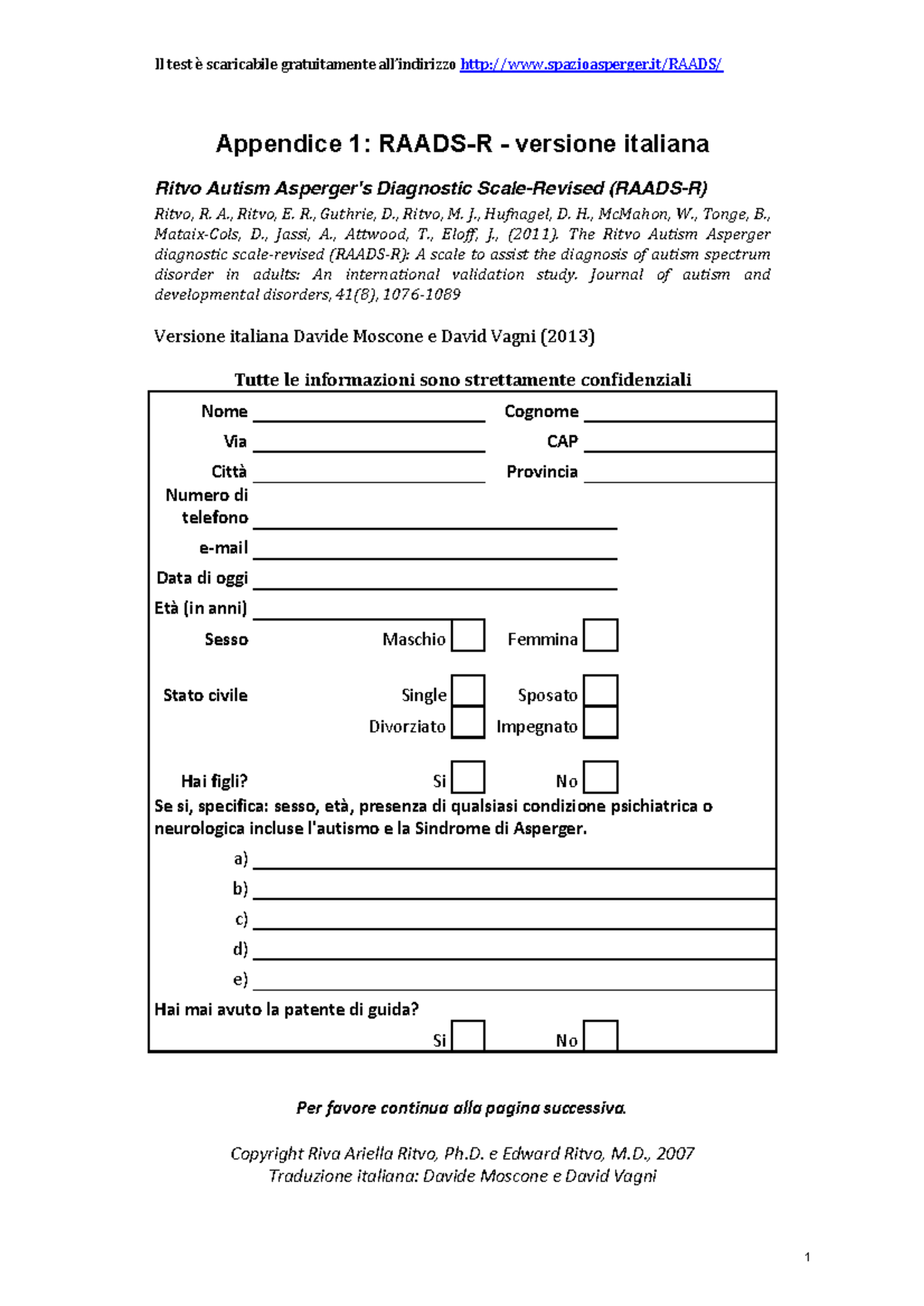 RAADS-R: Scale Diagnostica Autism Spectrum Disorder (Italian Version ...