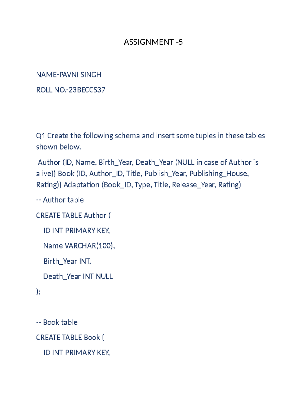 Assignment Q1: Create Schema & Insert Tuples for Author & Book - Studocu