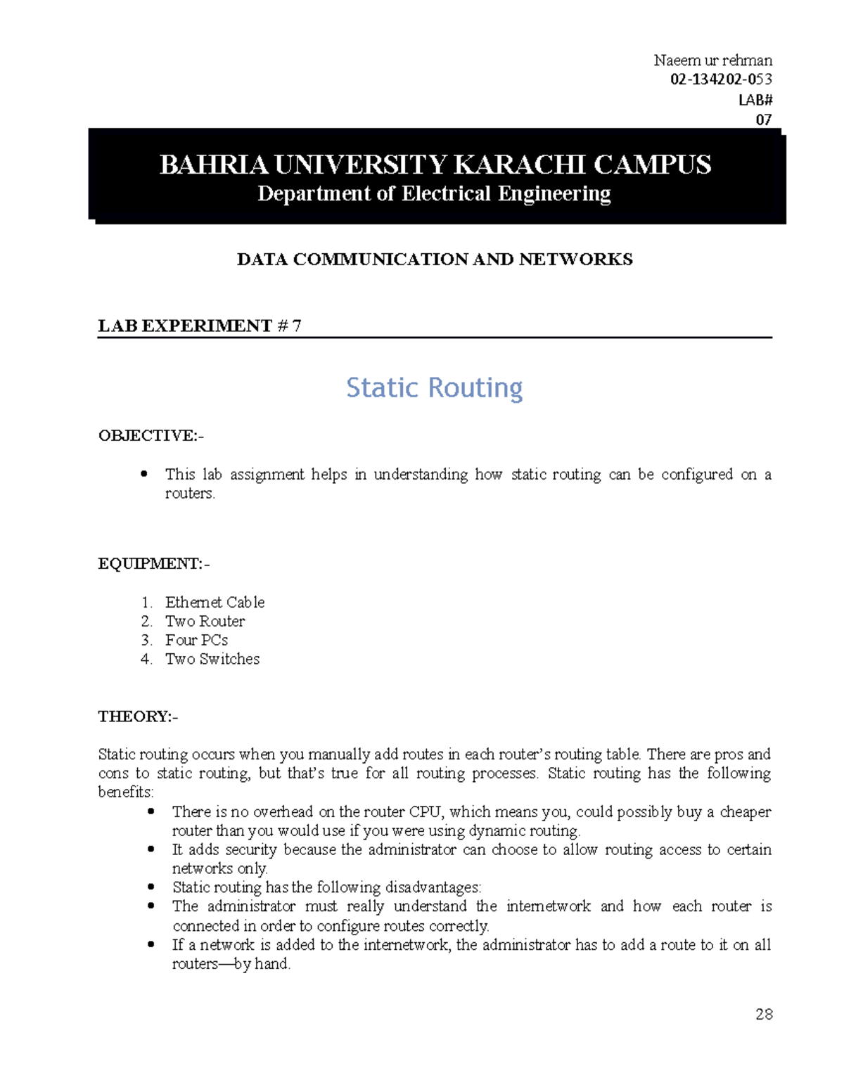 Lab #7: Static Routing in Data Communication (EE 02-134202) - Studocu