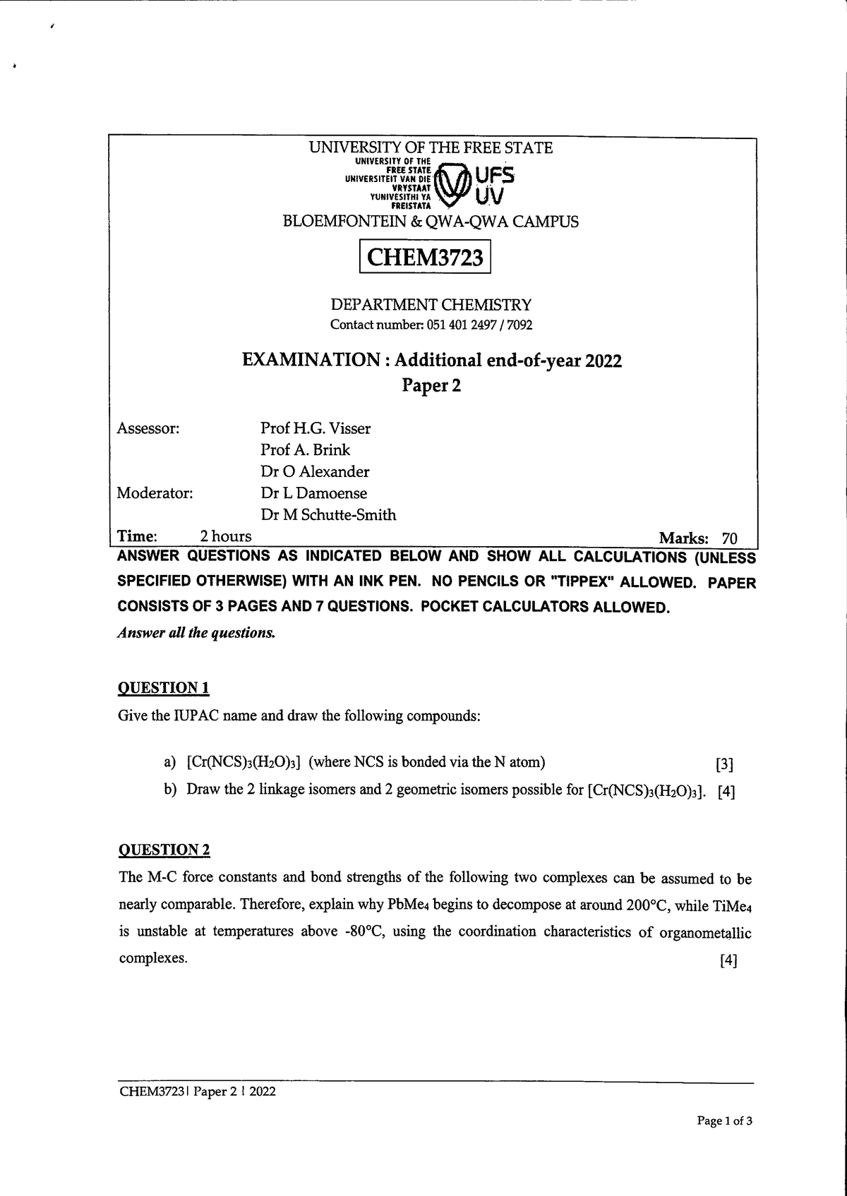 CHEM3723 Final Exam Paper 2 - Additional 2022 - Studocu