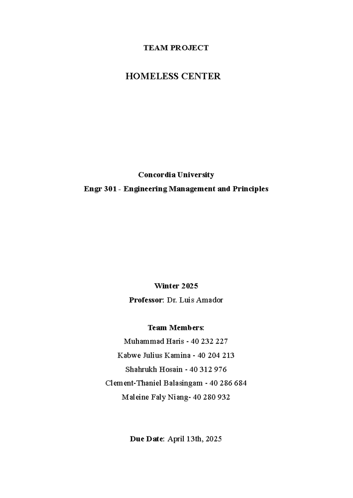 Engr 301 team project proposal for homeless center development - Studocu