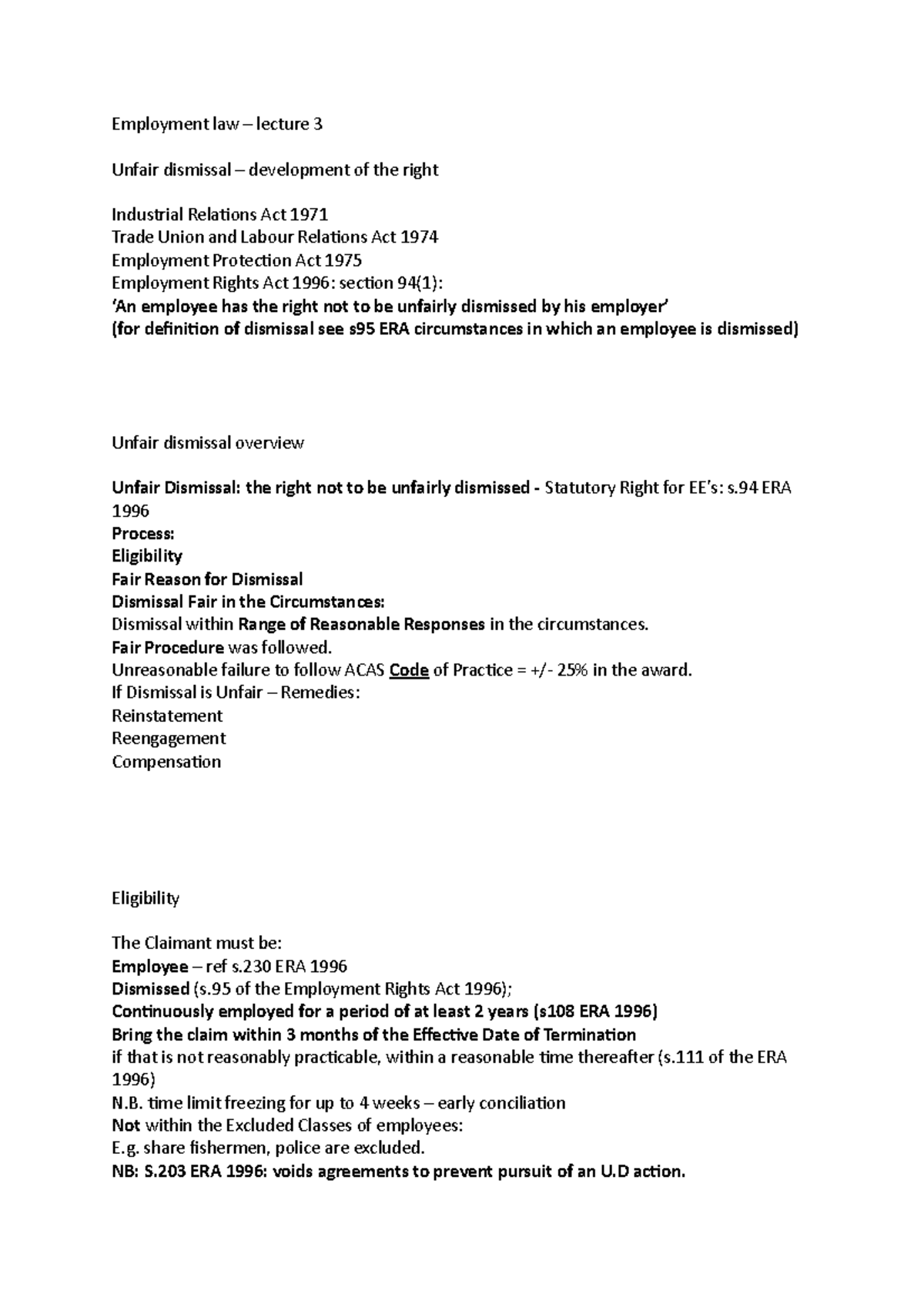 Employment law 3 - Lecture notes 3 - Employment law – lecture 3 Unfair ...