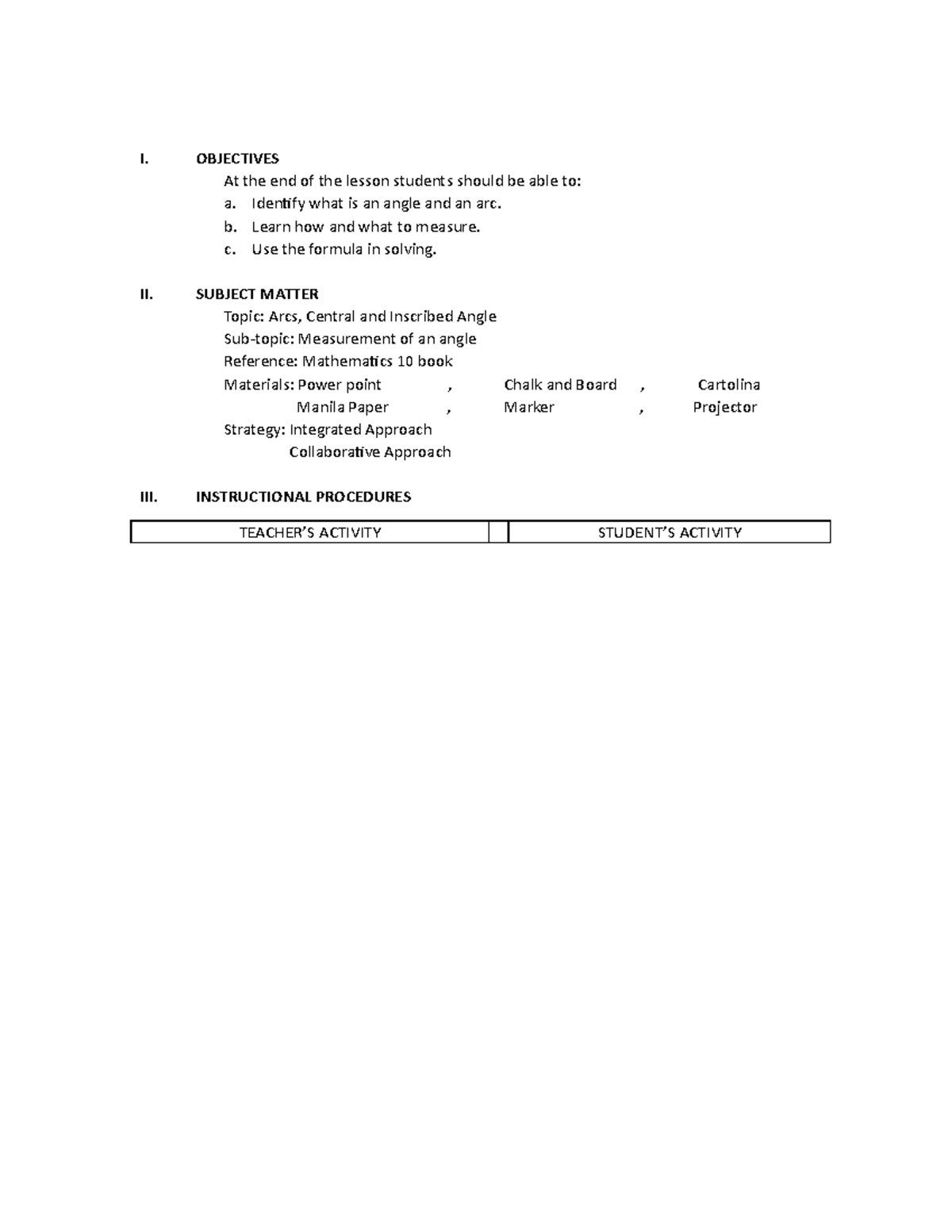 Lesson Plan: Measurement of Central & Inscribed Angles - ARCS 782493279 ...