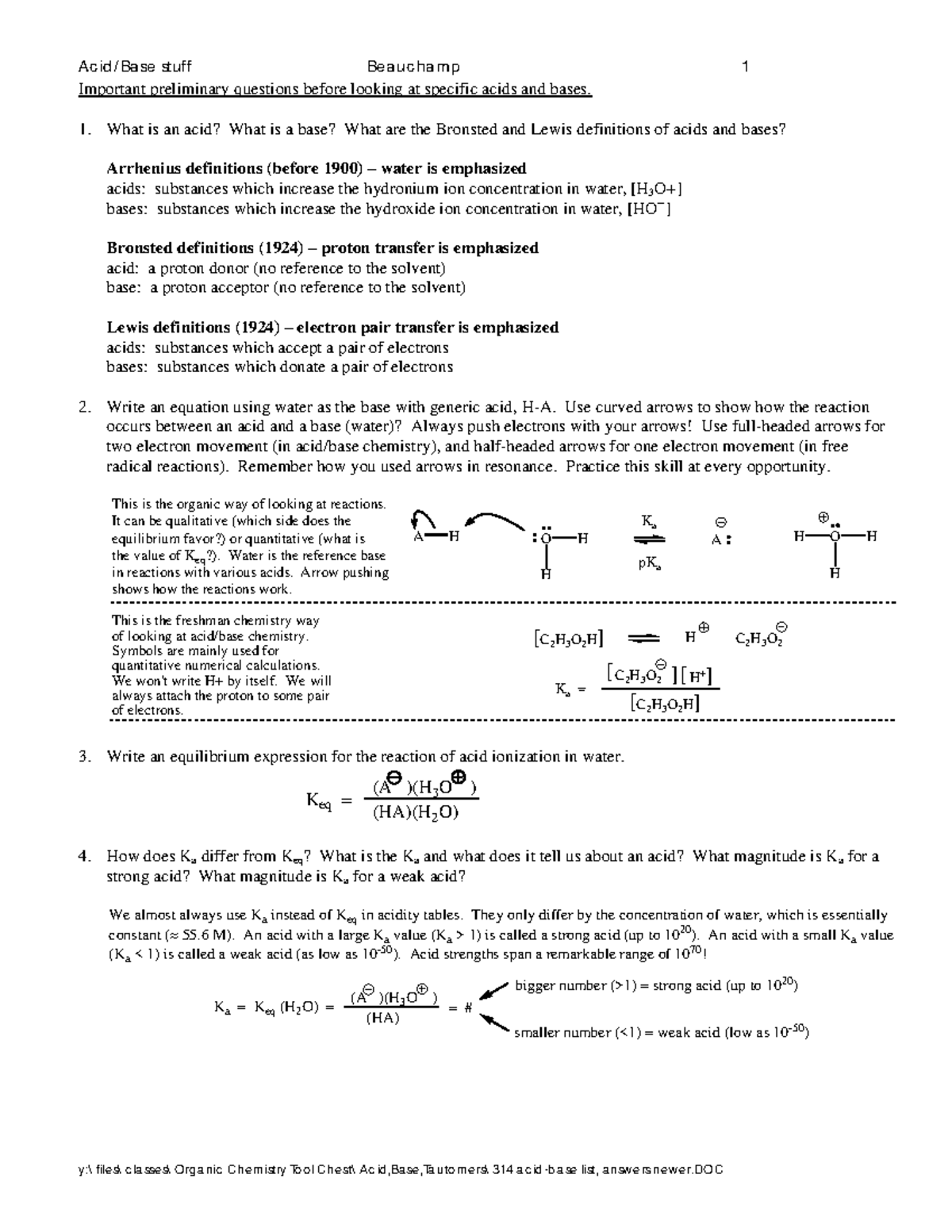 314 acid base lecture notes - Important preliminary questions before ...
