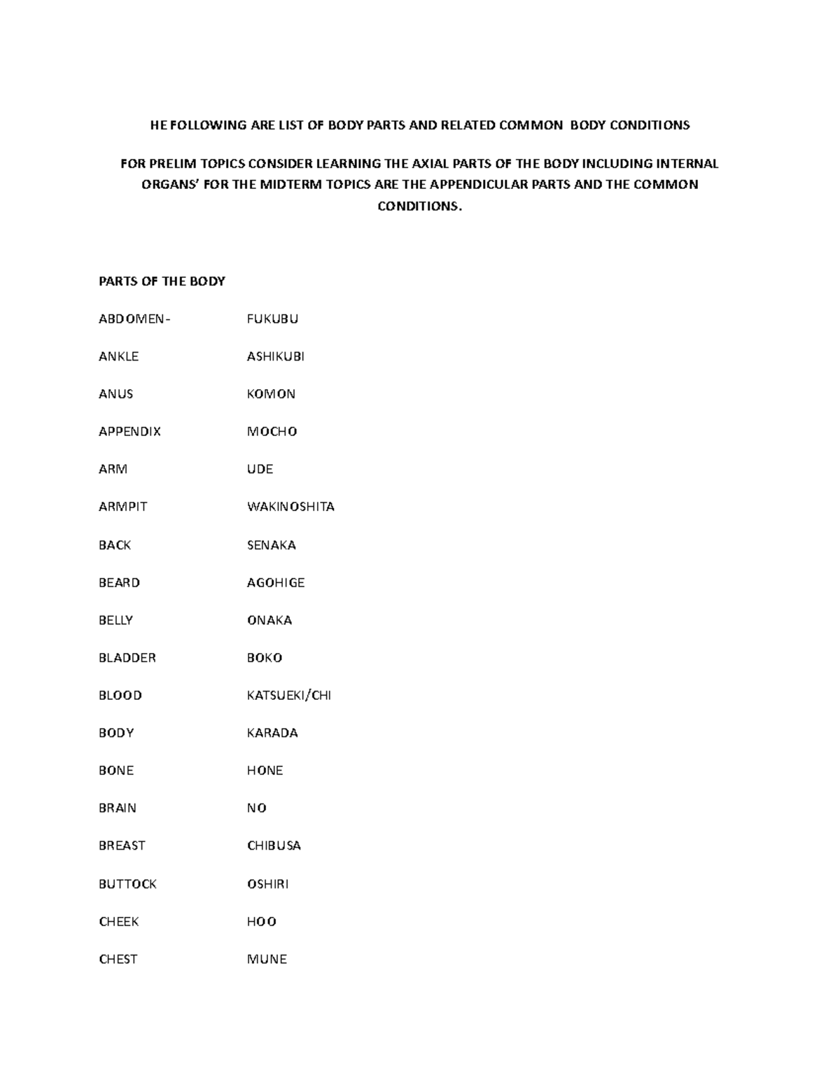 Midterm Study Guide: Body Parts & Conditions (FL 101) - Studocu