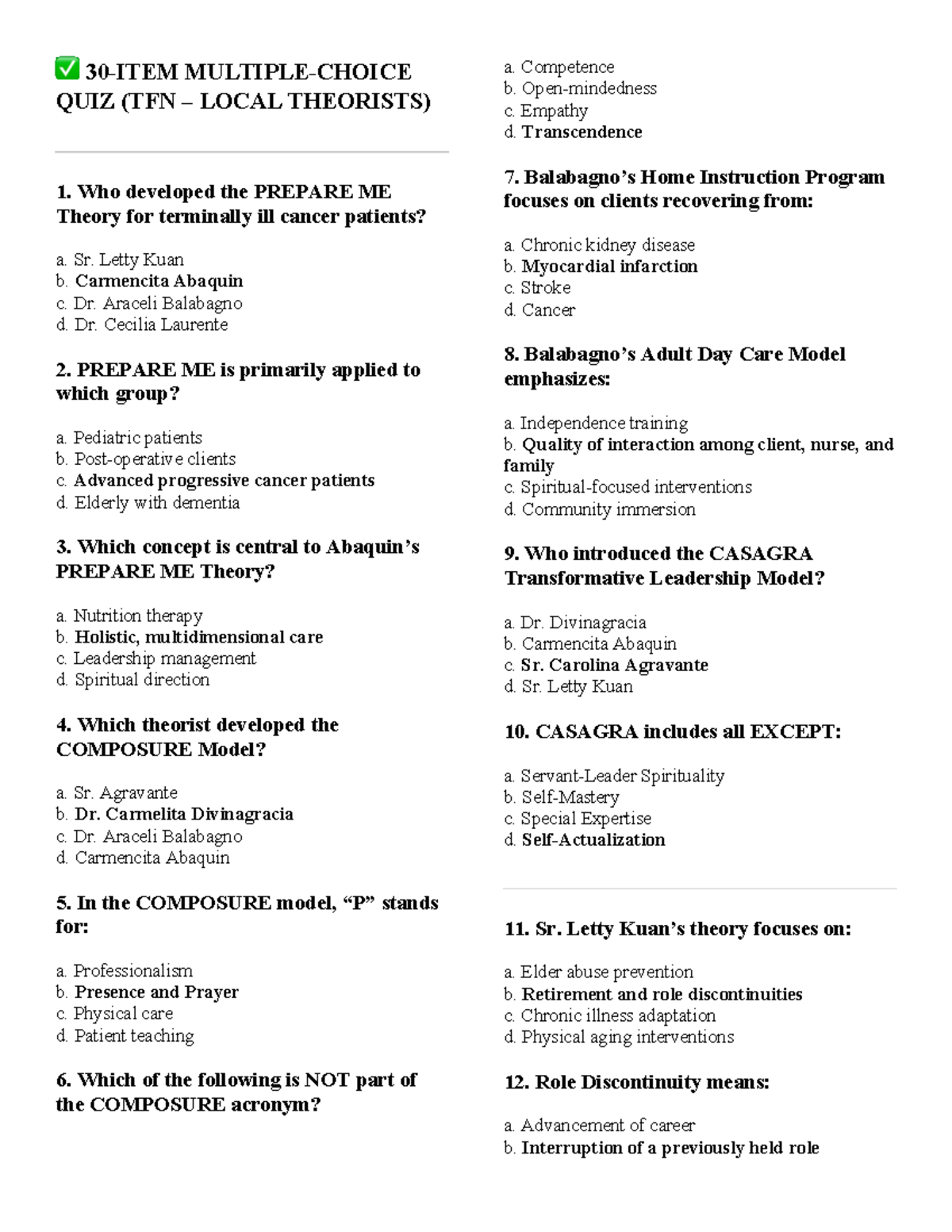 TFN Practice Quiz: Theories and Models in Nursing - Studocu