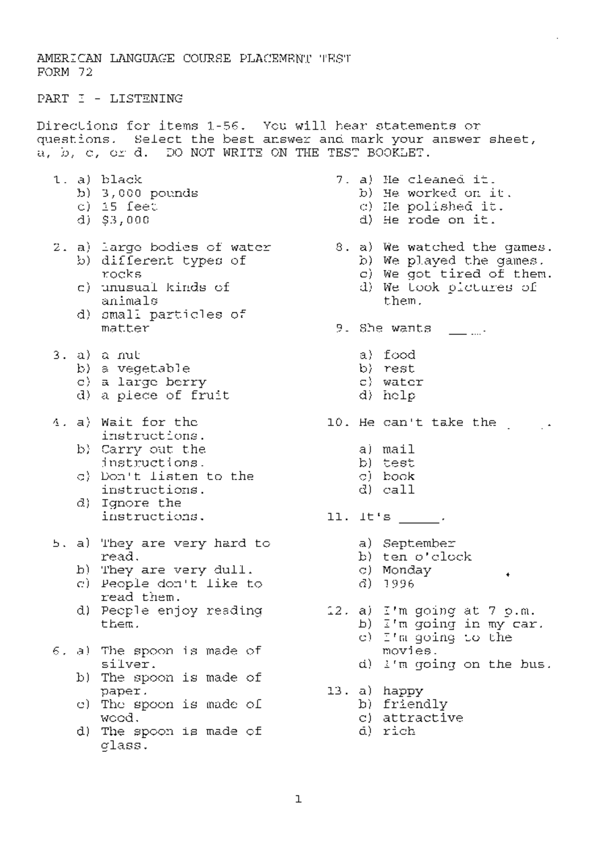 ALCPT FORM 72 - Listening Comprehension Test Questions - Studocu