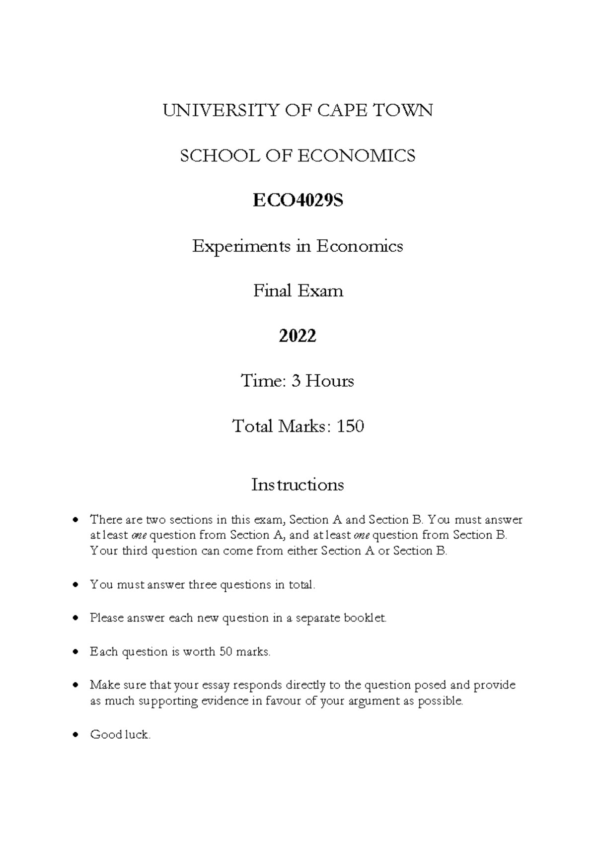 ECO4029S - 2022 Final Exam Guide for Experiments in Economics