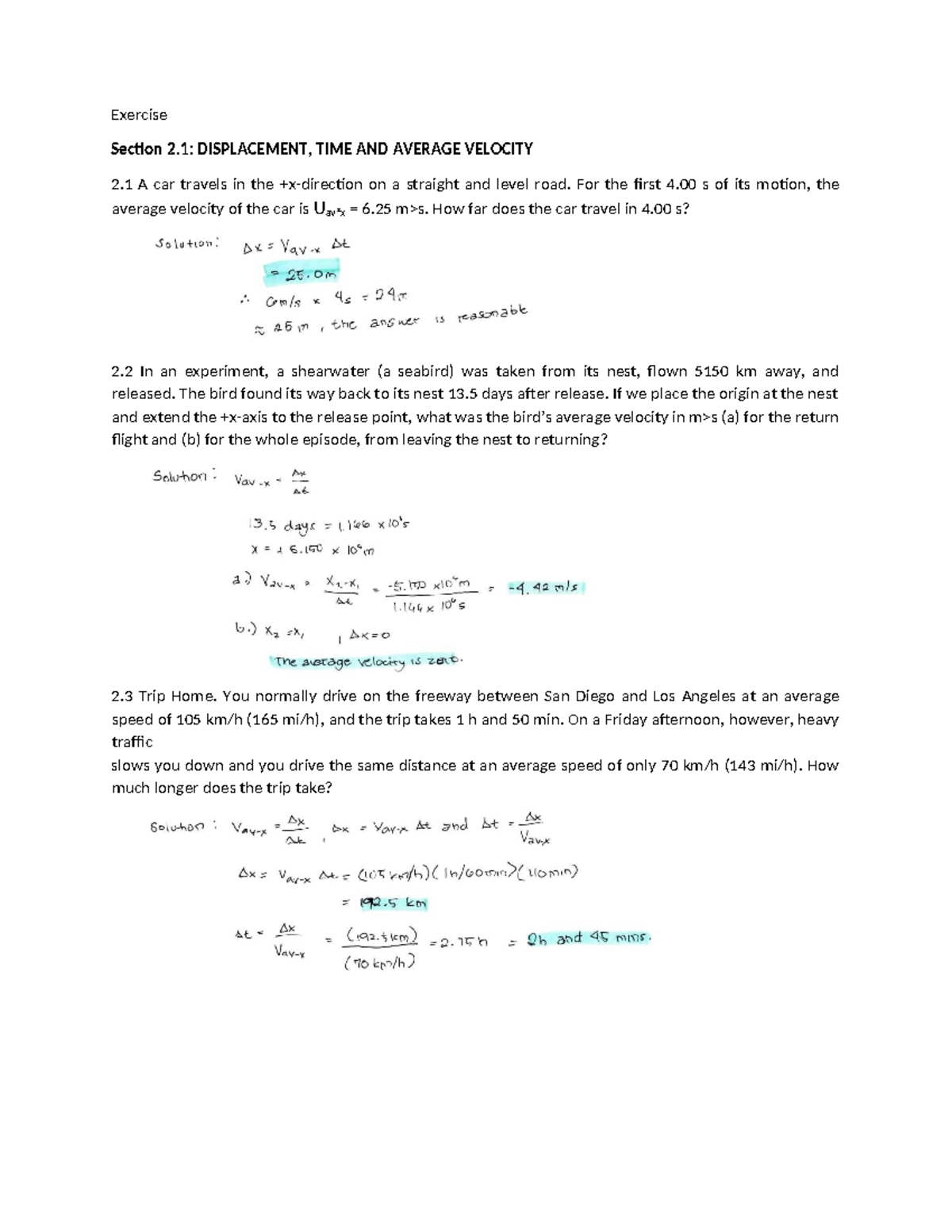 Math 101 - Part 1: Displacement, Time, & Average Velocity Exercises ...