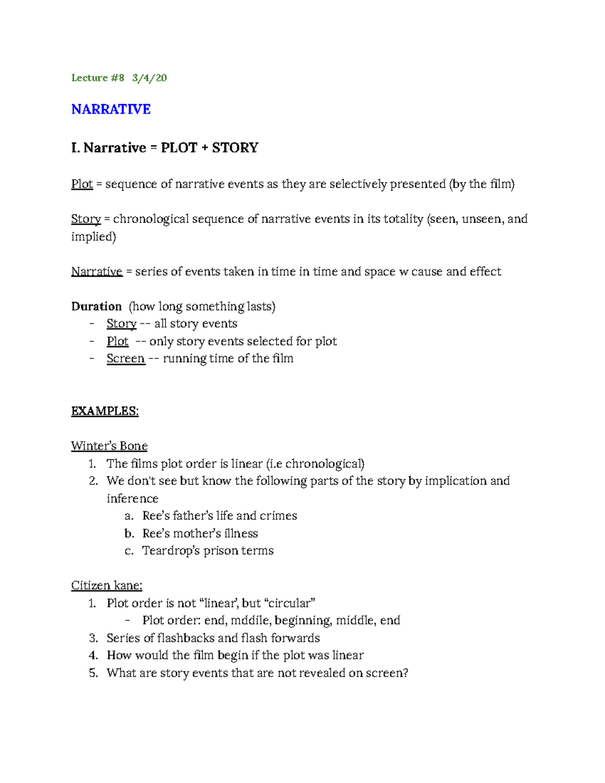 Film Appreciation Notes Lecture #8 - Lecture #8 3/4/ NARRATIVE I ...