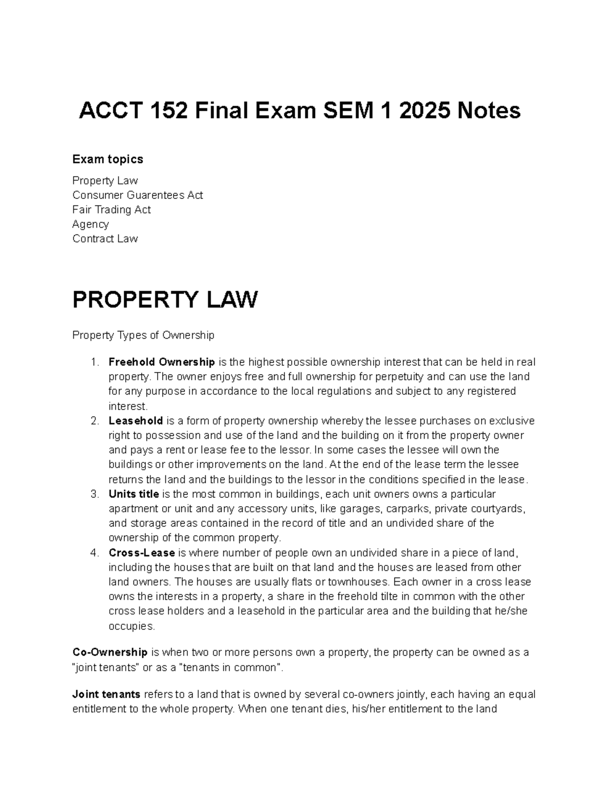 ACCT 152 Final Exam SEM 1 2025 Notes: Property Law & Consumer ...