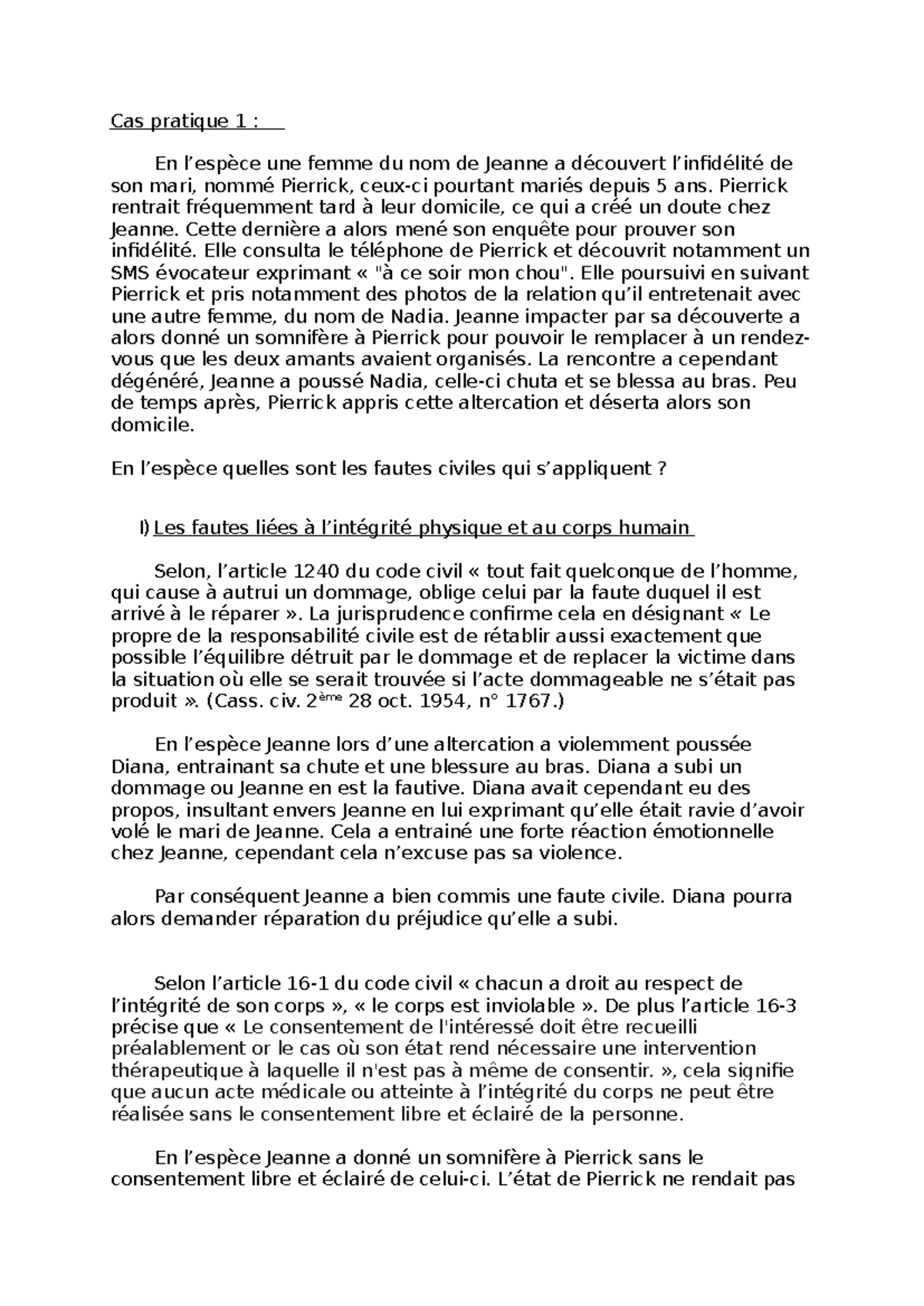 Cas Pratique 1 Analyse des Fautes Civiles dans une Infidélité — free download