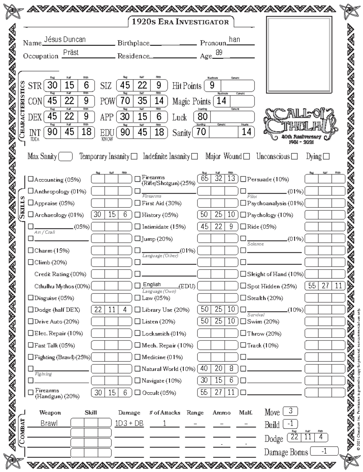 Call of Cthulhu Character Report: Jésus Duncan (1920s Era) - Studocu