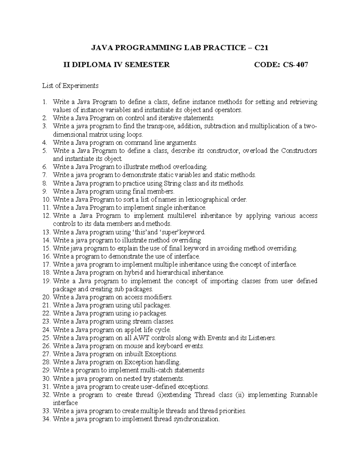 Java Lab Manual C21 II Diploma IV Sem: List of Java Experiments - Studocu