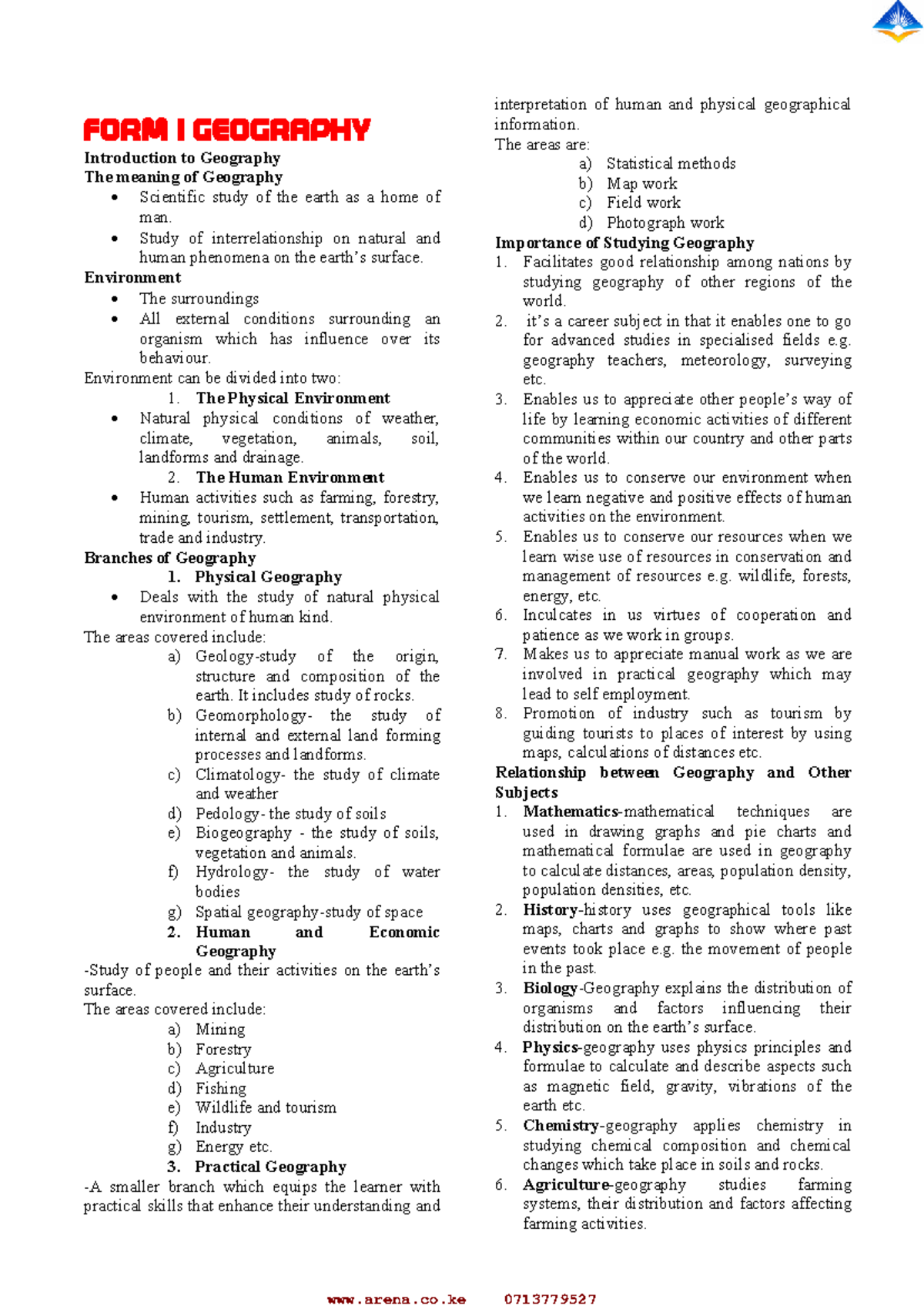 Form 1 geography notes: Introduction to geography and its branches ...