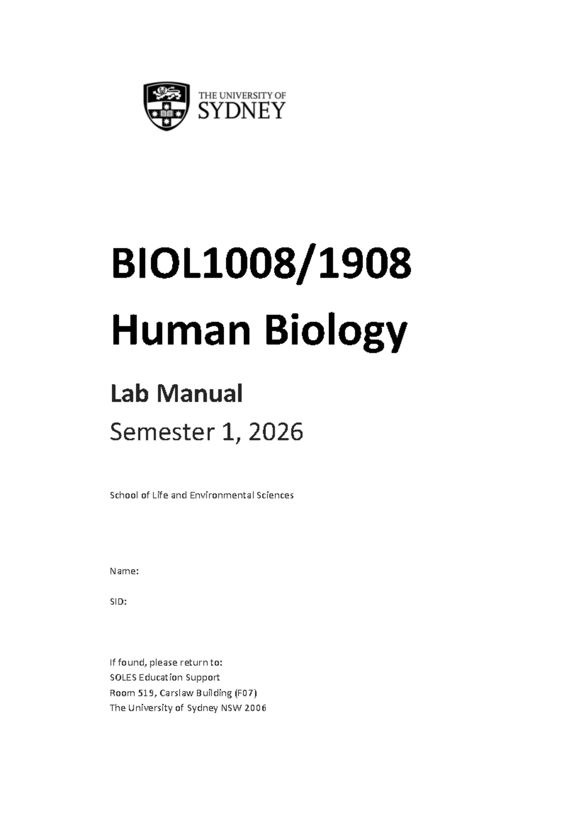 Human Biology Lab Manual BIOL1X08 Semester 1, 2026 - Studocu