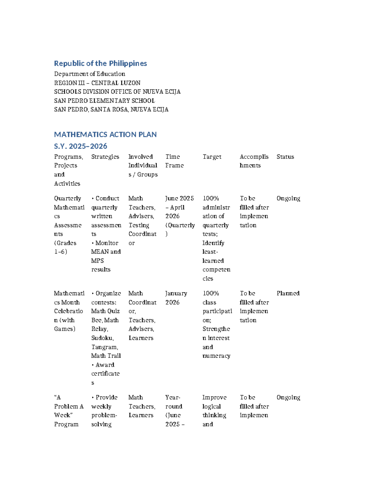 Mathematics Action Plan 2025-2026: Programs & Strategies - Studocu