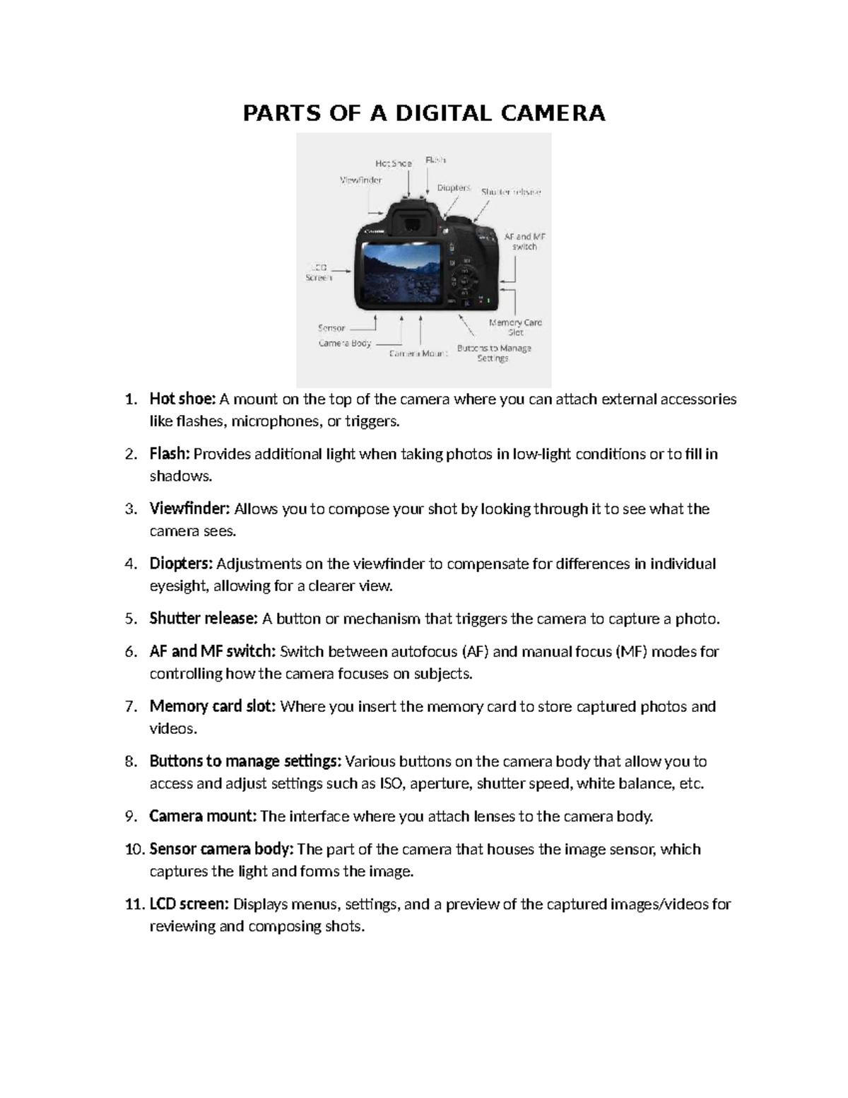 DIGC 101: Key Components of a Digital Camera - Studocu
