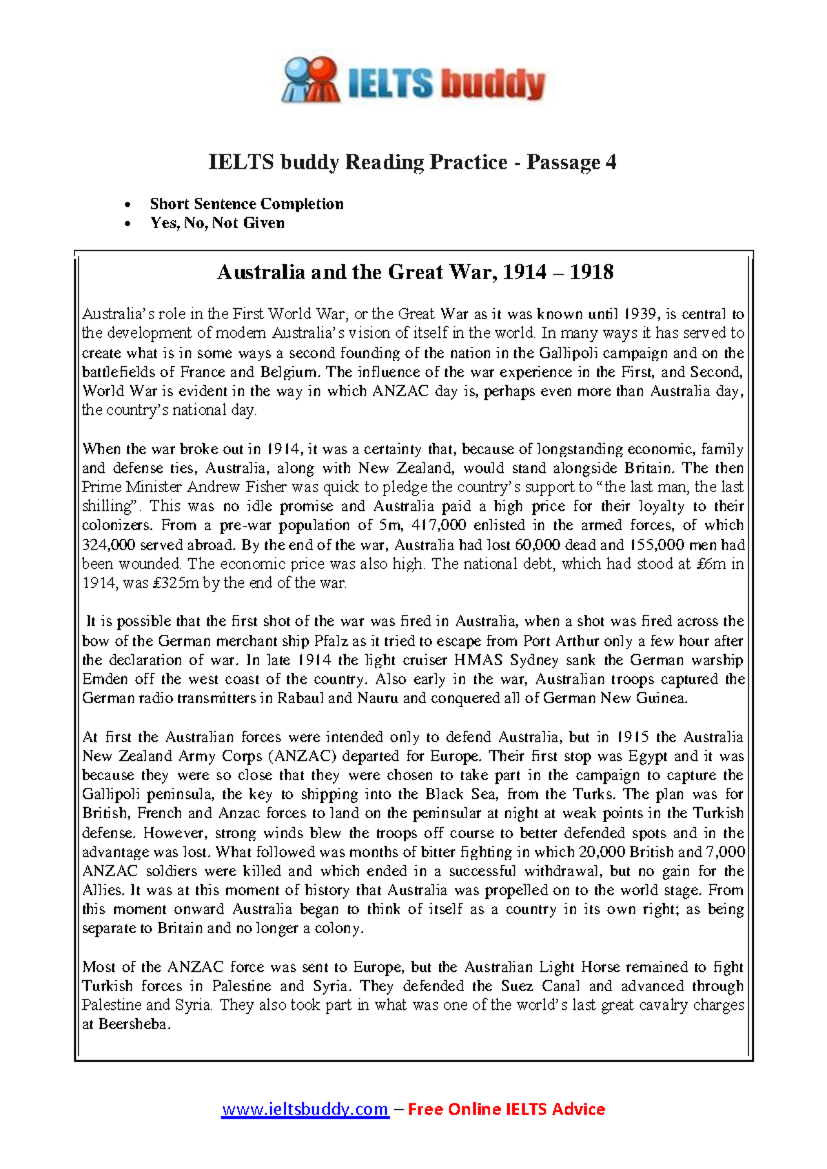 IELTS Academic Reading: Australia and the Great War (Passage 4) - Studocu