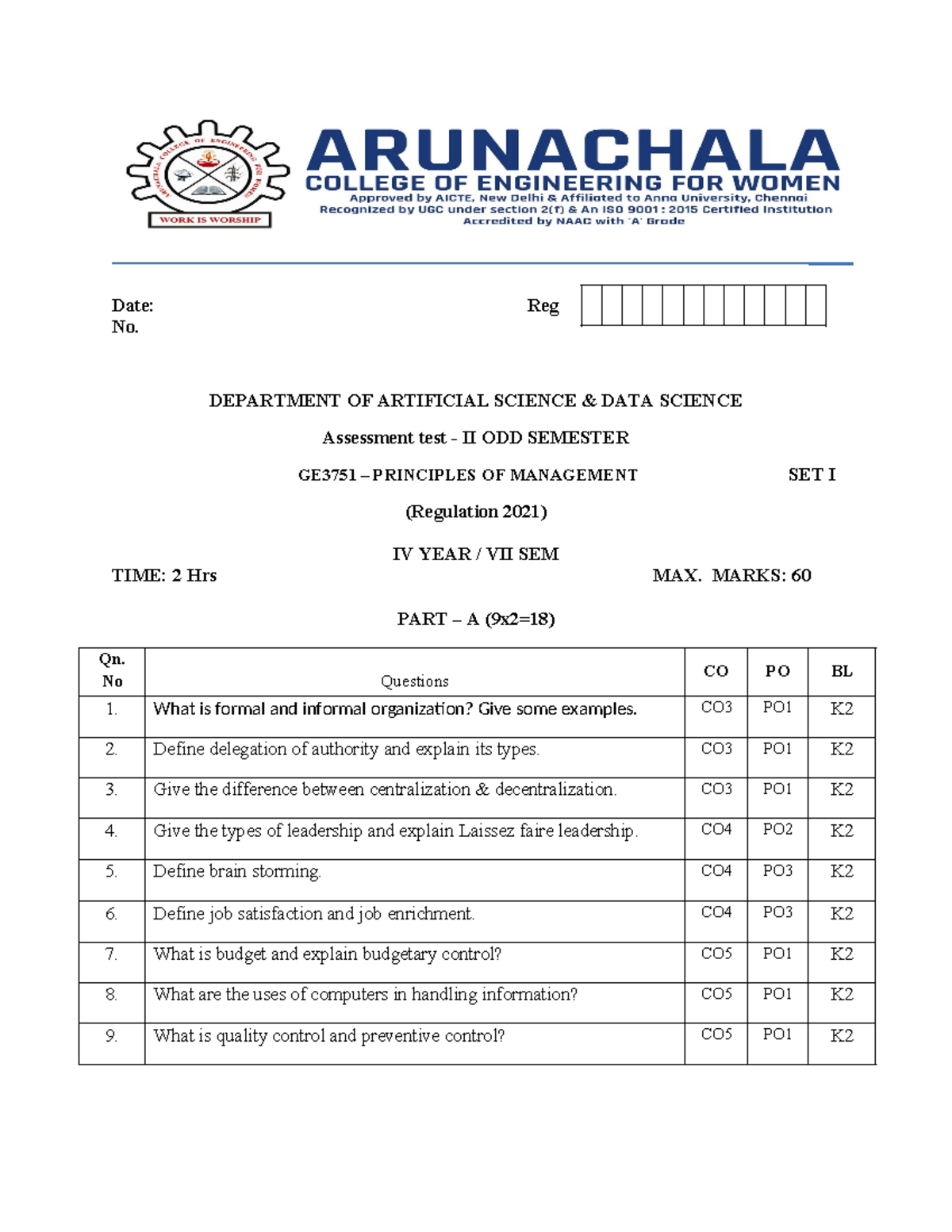GE3751 Assessment Test II: Principles of Management (Odd Sem) - Studocu