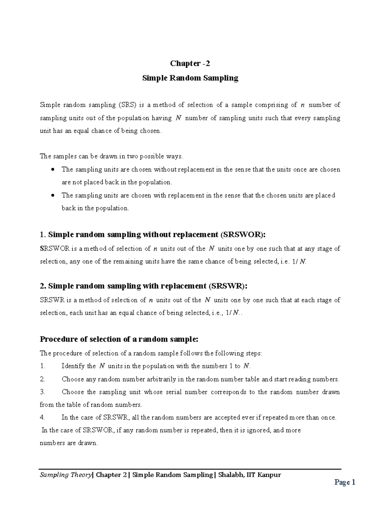 Chapter 2: Simple Random Sampling Techniques (SRSWOR & SRSWR) - Studocu