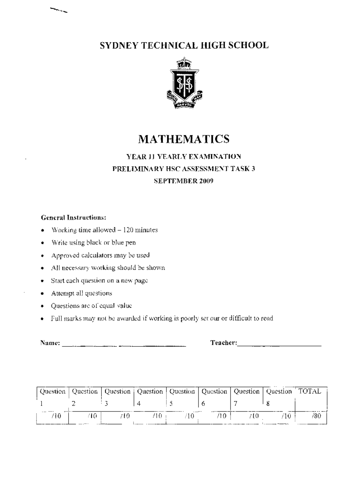 SYDNEY TECH 2U MATHEMATICS YEAR 11 PRELIMINARY EXAM SOLUTIONS 2009 ...