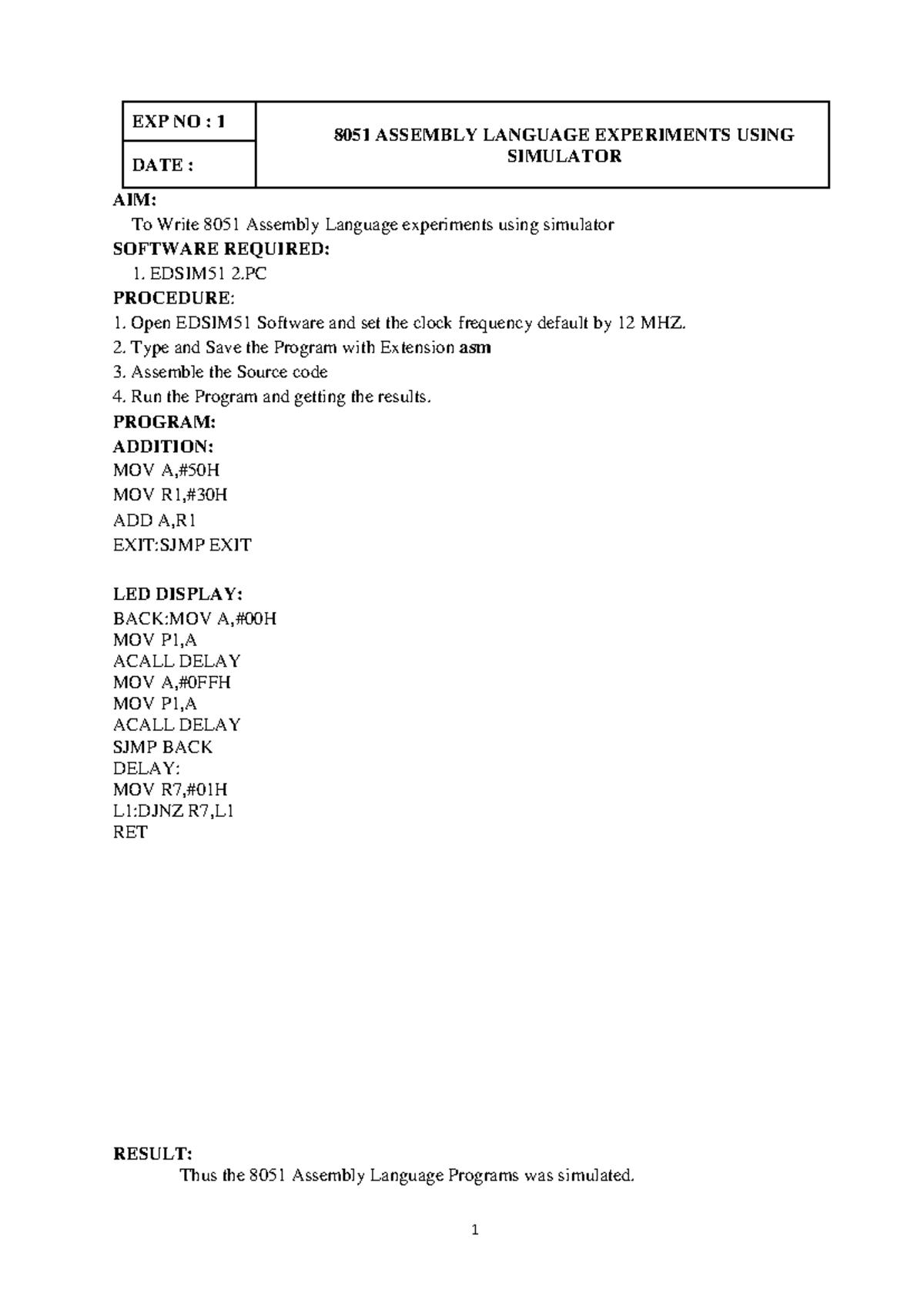 EM & IoT Lab Manual II: 8051 Assembly & Arduino Programming Experiments ...