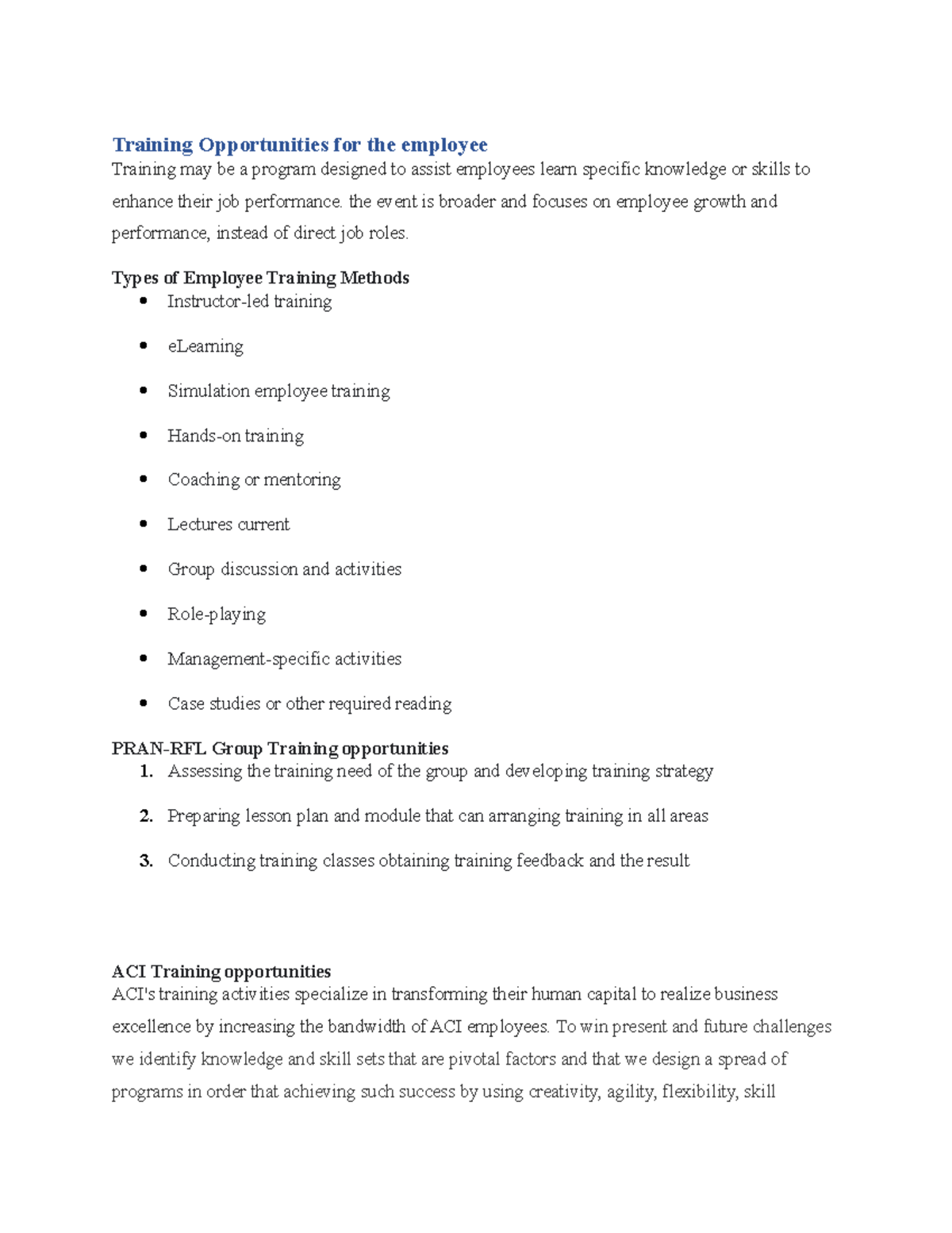 Training Opportunities for the employee - Training Opportunities for ...