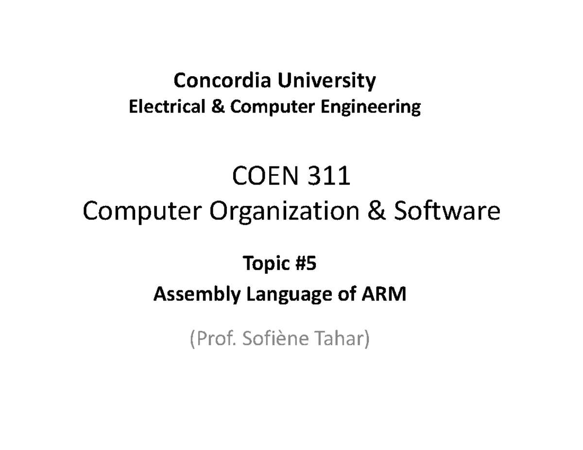 COEN 311 Lecture 5: ARM Assembly Language Overview - Studocu