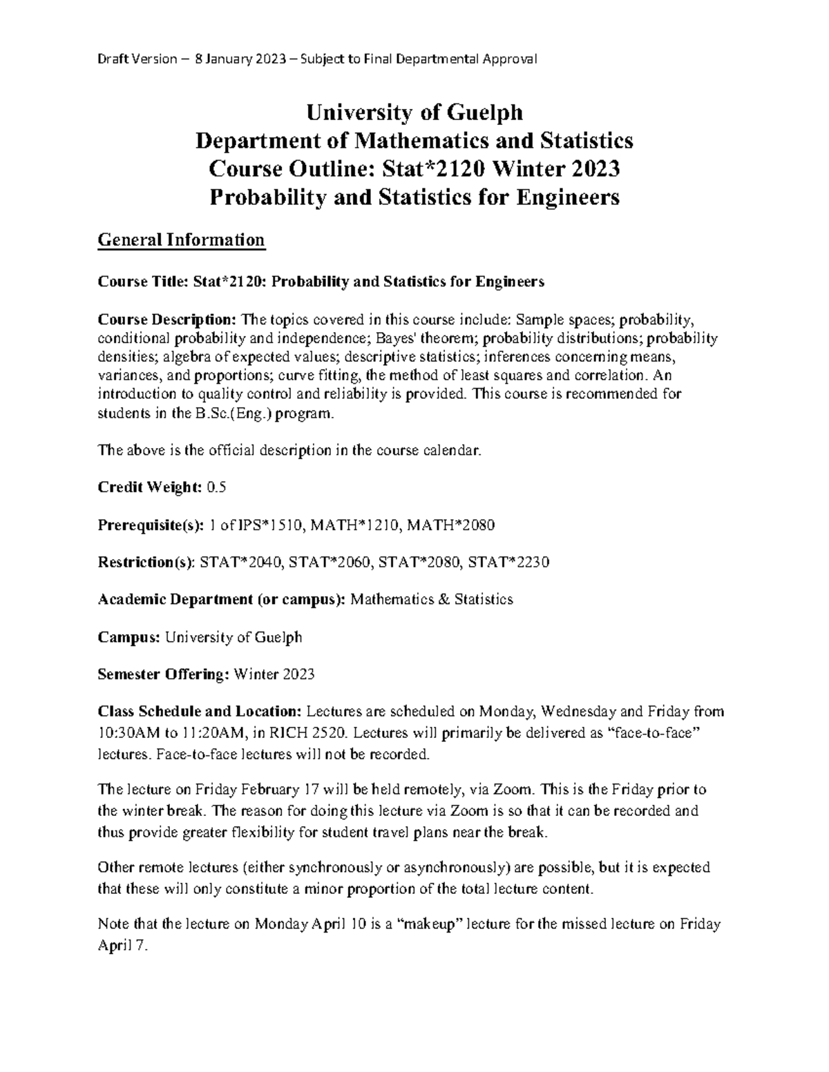 Stat*2120 Winter 2023 Course Outline: Probability & Stats for Engineers ...