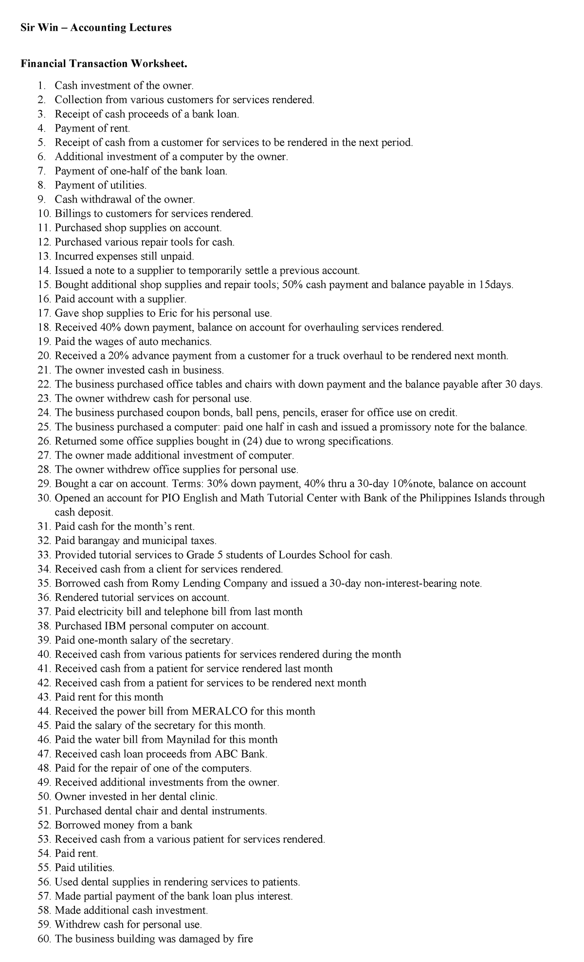 Sir Win ACC 101 Lecture - Financial Transactions Worksheet - Studocu