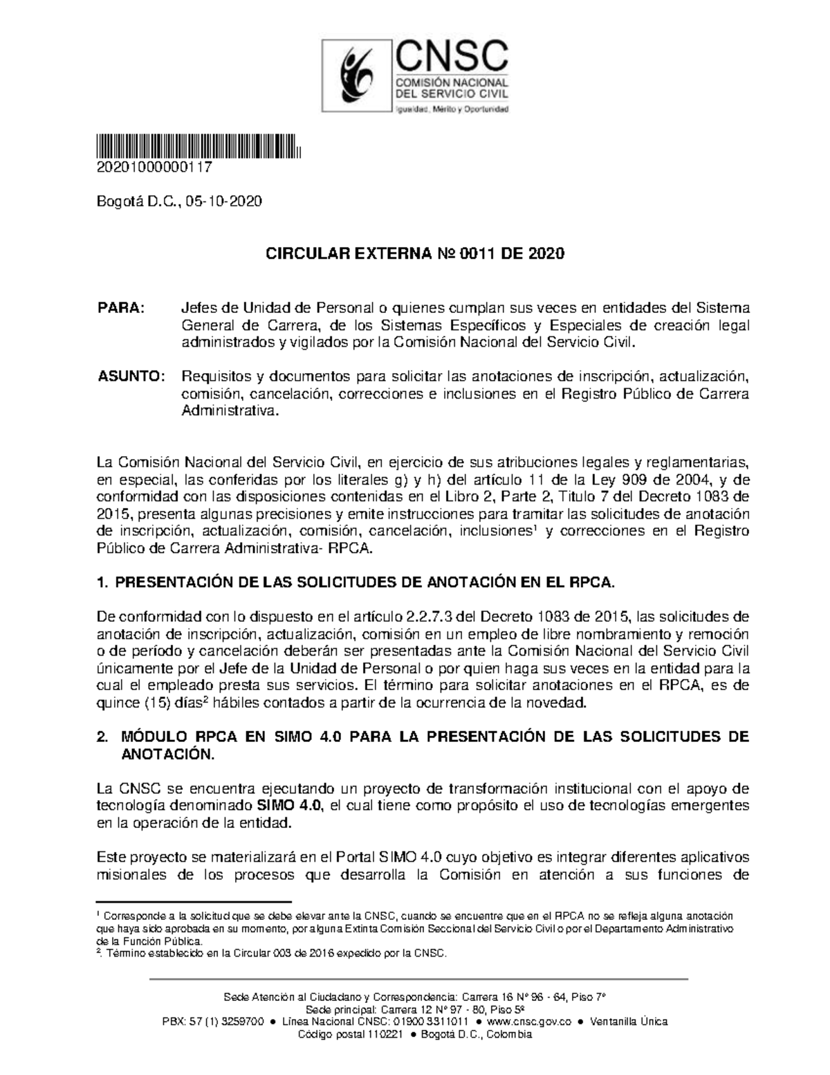 Circular 11 de 2020: Requisitos y Documentos para RPCA - Studocu