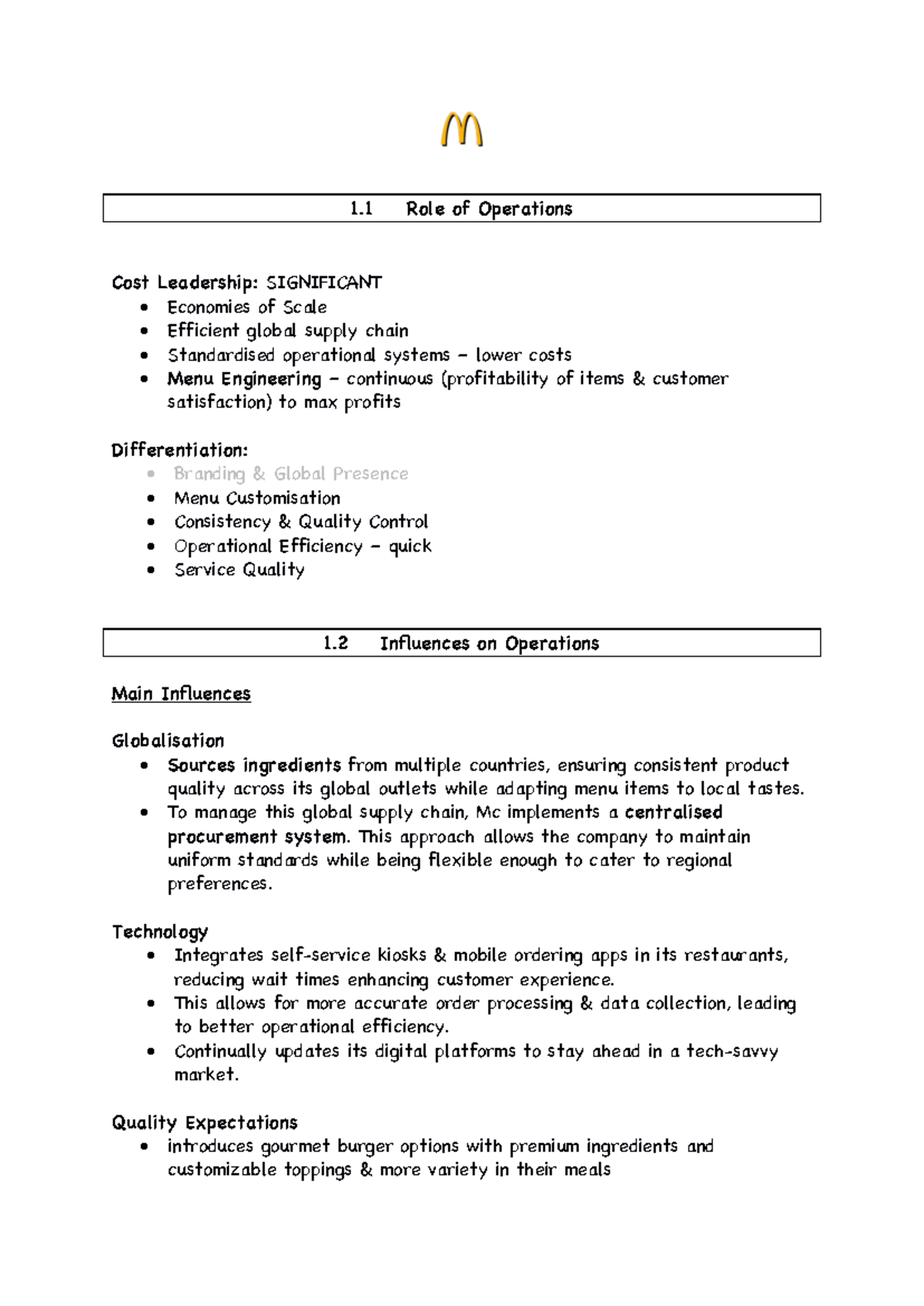 Case Study Mc Donalds - Summary Secondary Education: Business Studies ...