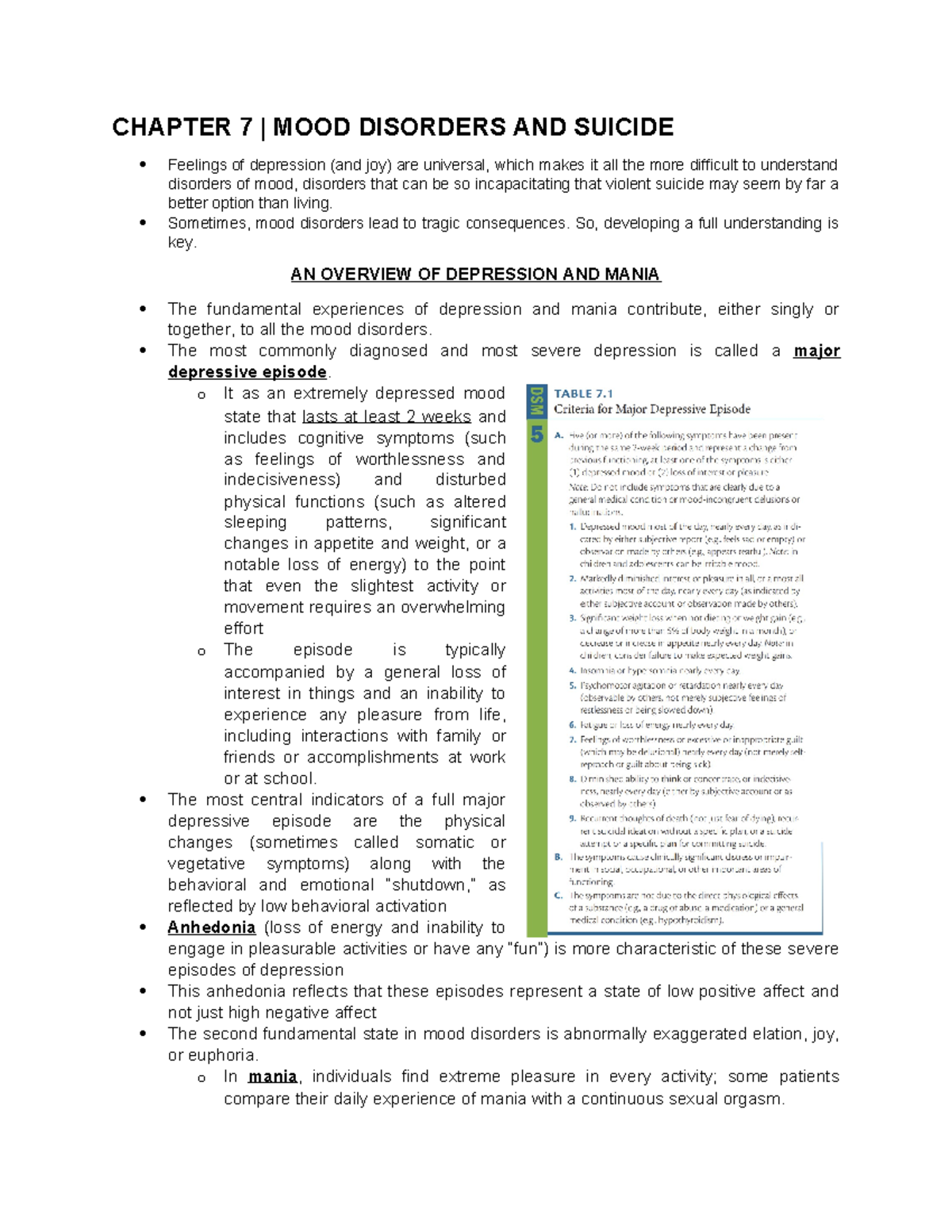 Chapter 7: Exploring Mood Disorders and Their Impact on Suicide - Studocu