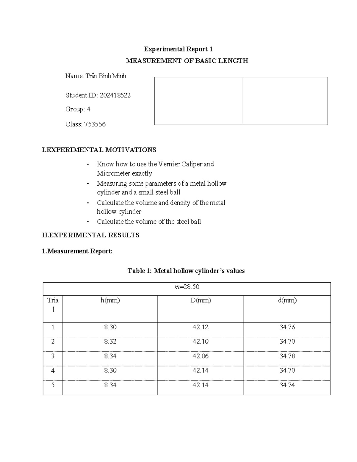 Experimental Report 1: Measurement of Basic Length (753556) - Studocu