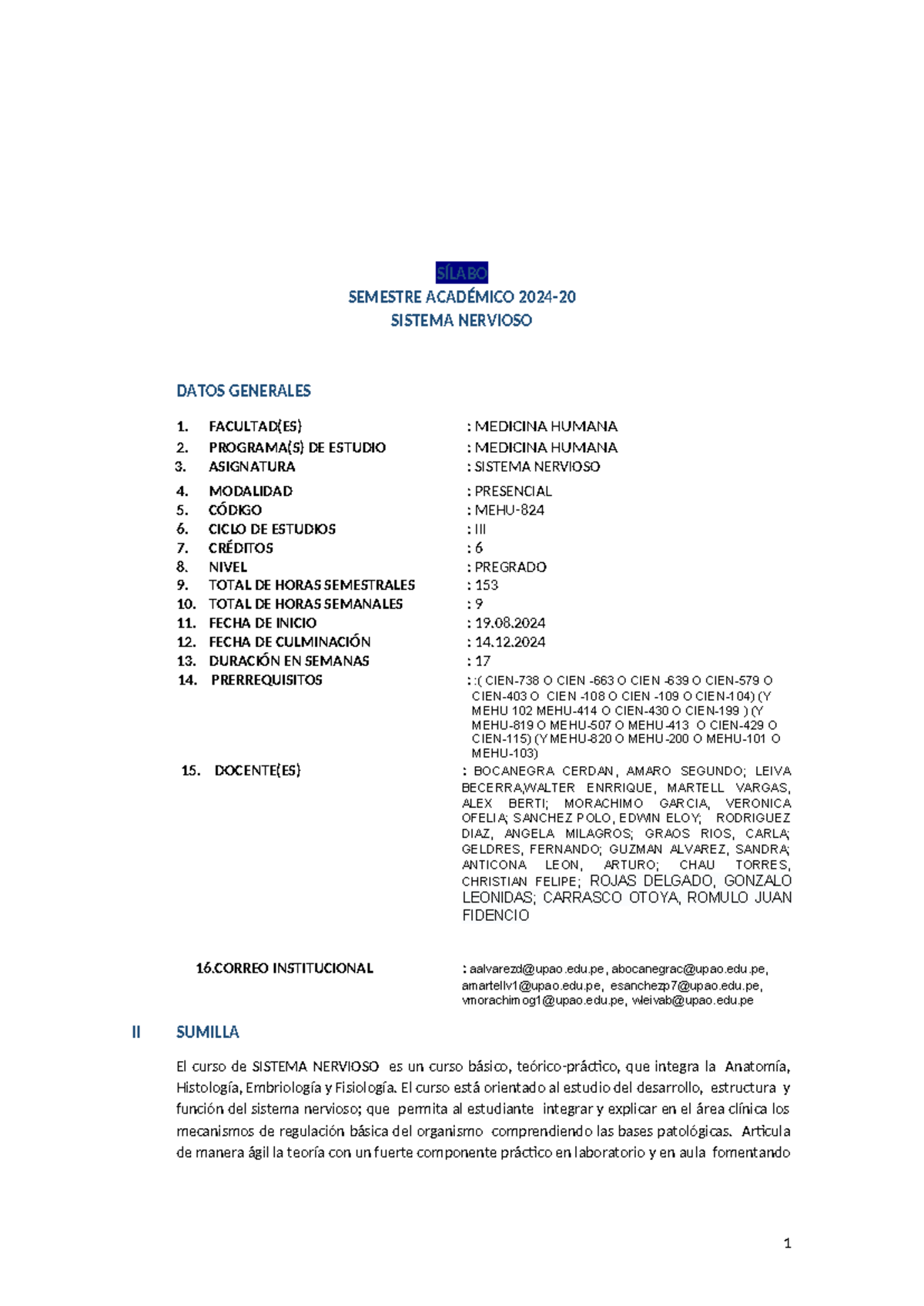 Syllabus MEHU- Sistema Nervioso 2024: Objetivos, Contenidos y Evaluación - Document Preview