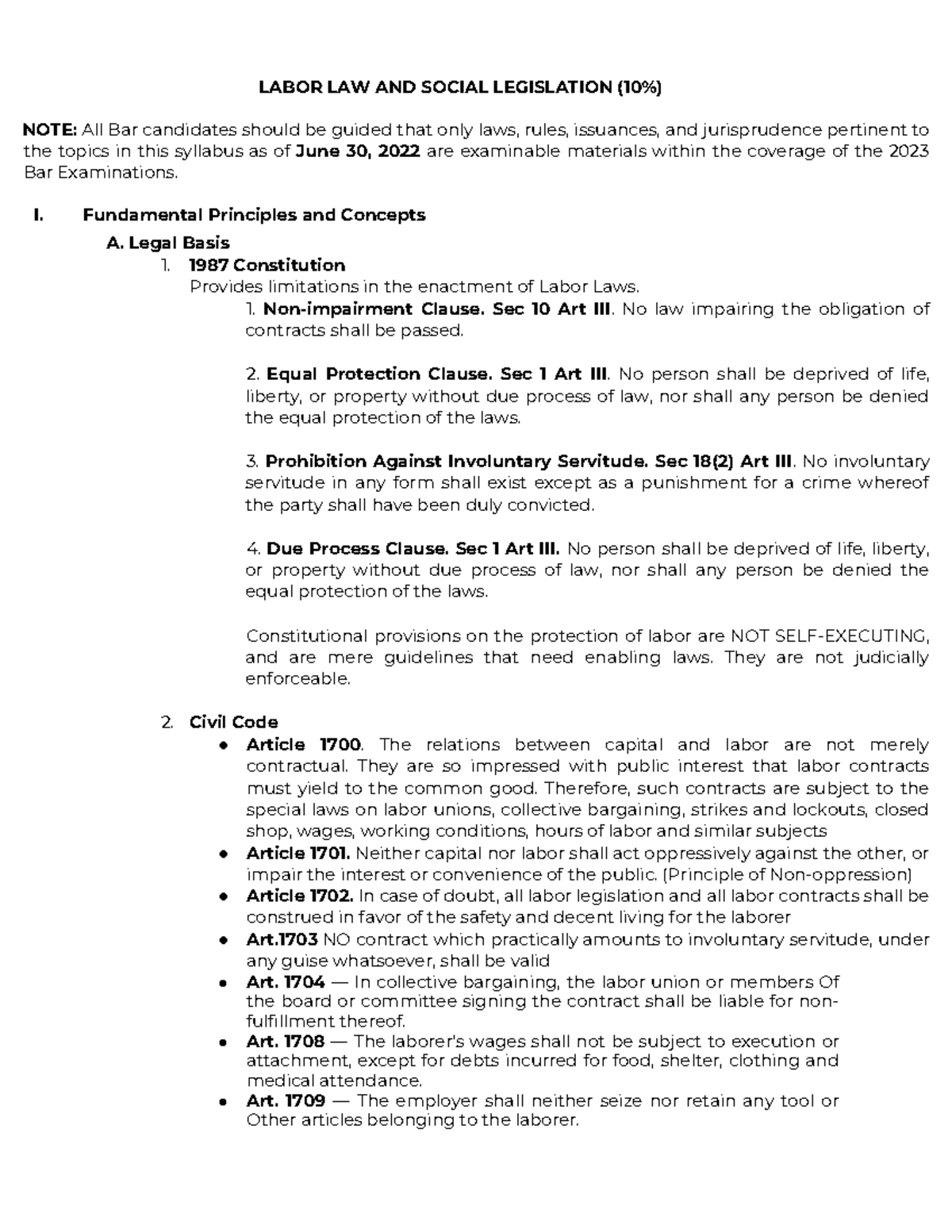 Labor Law and Social Legislation Review Notes for Bar Exam 2023 - Studocu