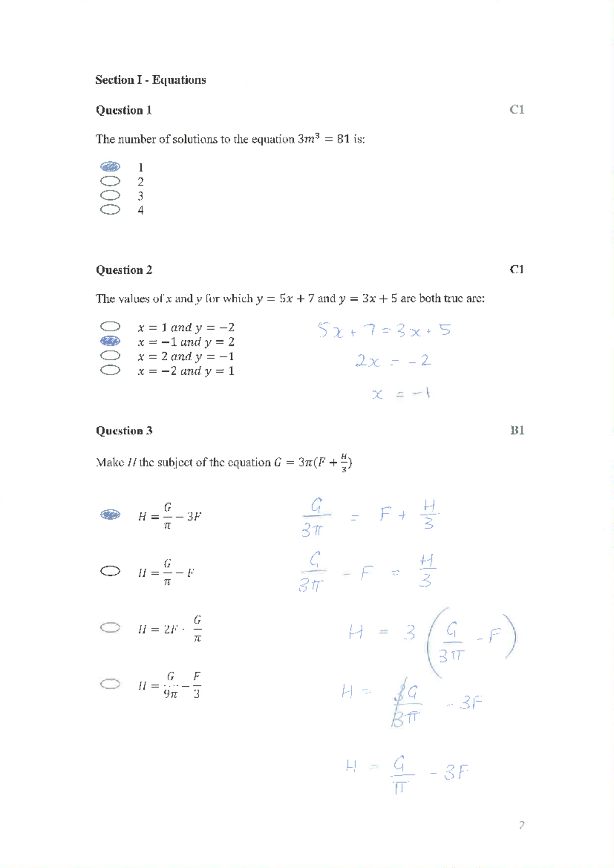 Equations YR10 Solutins - Section I Equations Question 1 C1 The number ...